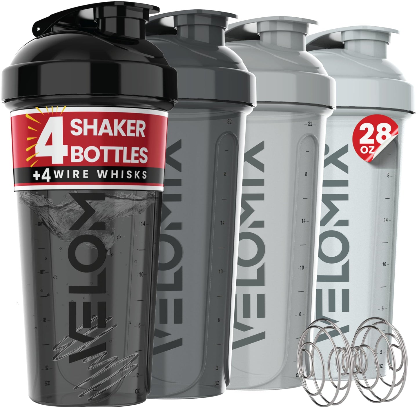 VELOMIX -4 Pack- 28 oz Protein Shaker Bottles for Protein Mixes - 4x Wire Whisk | Leak Proof Shaker Cups for Protein Shakes | Stackable Protein Shaker Bottle Pack (A1) Silver Aurora