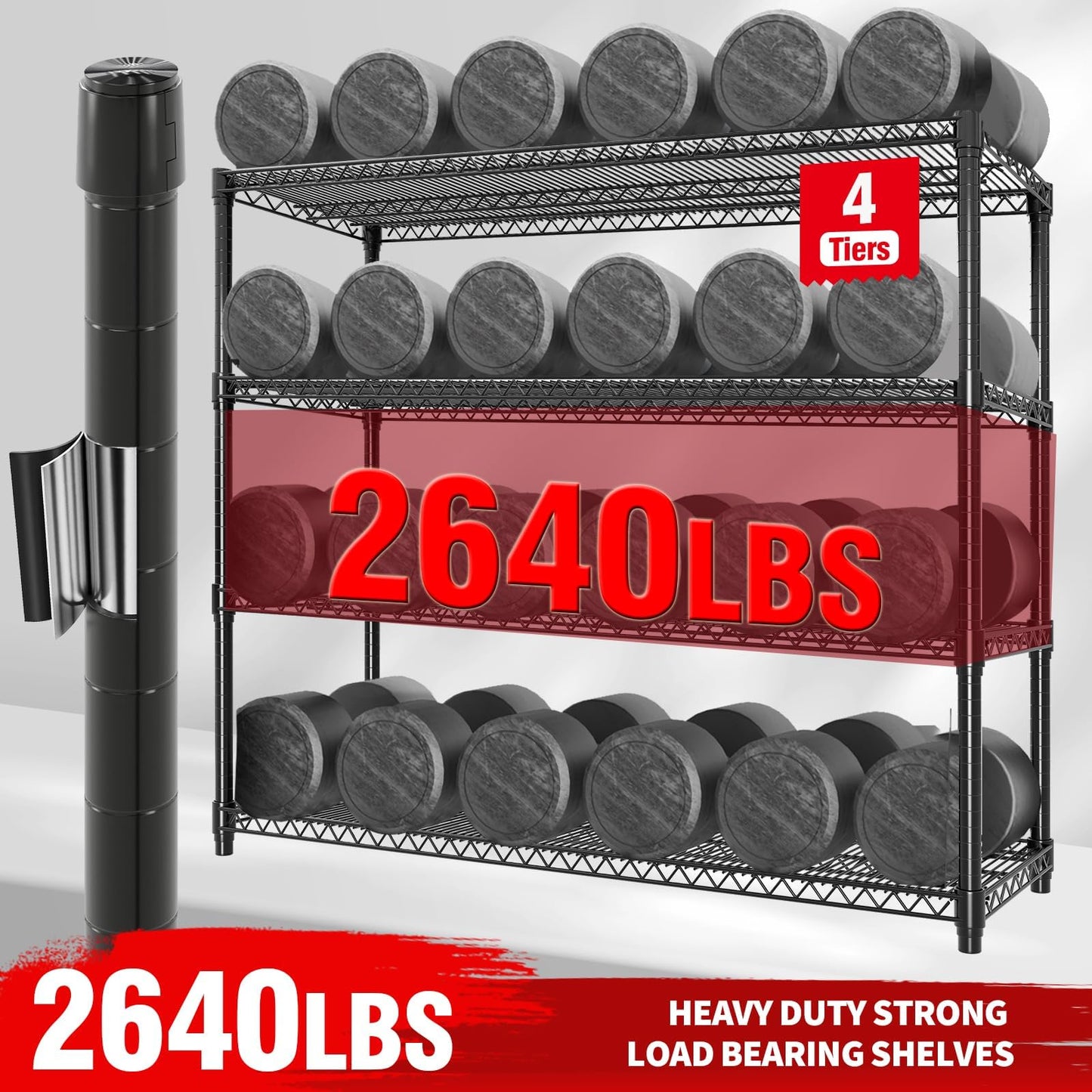 EliteEdge 4-Tier Tall Steel Wire Shelving Unit with Wheels, Heavy Duty Storage Rack, 2640 Lbs Capacity, Adjustable Industrial Shelves for Garage, Workshop, or Warehouse