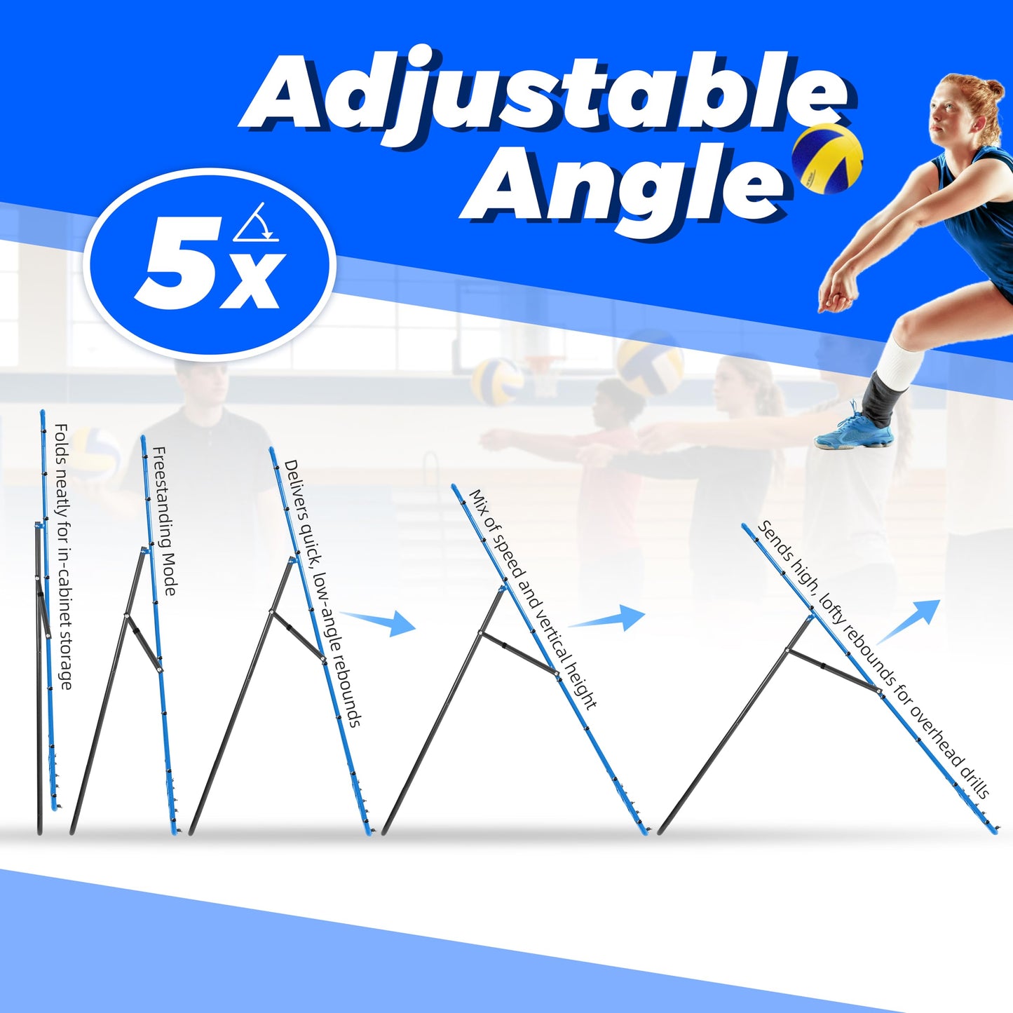 JOLORLY 2-in-1 Volleyball Rebounder Net, Adjustable 7×4 ft to 4.5×4 ft Bounce Back Training Rebound Equipment with Angle Customization for Volleying, Bumping, Spiking Practice (Blue)