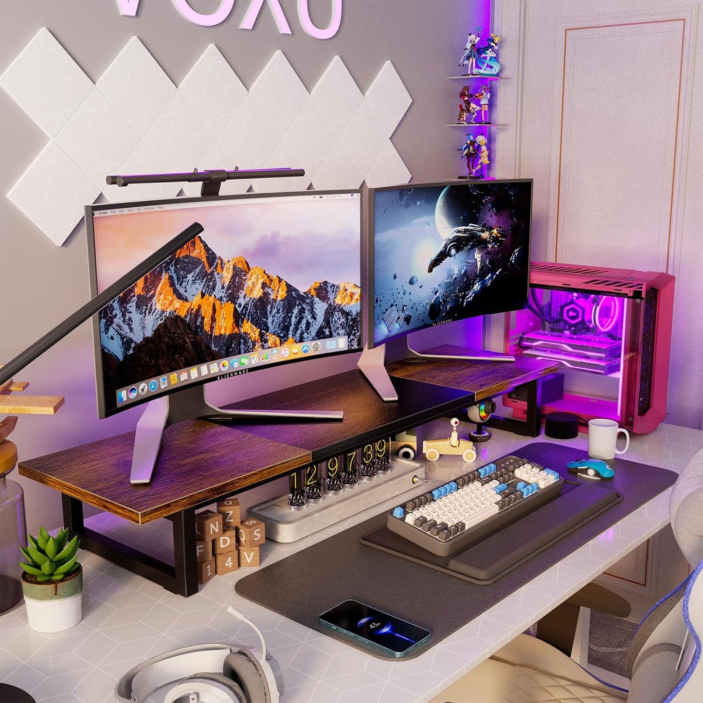 2 Simple Trending Desk Organizers and Accessories, Dual Monitor Stand Riser, Desk Shelf Wood Computer Rack for Monitors