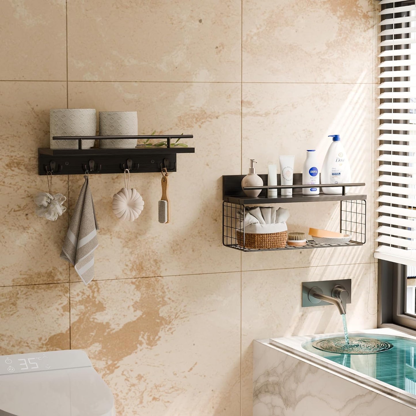 Regine Switzerland Floating Shelves - Black Bathroom Wall Shelves Set of 2 with Basket & Hooks