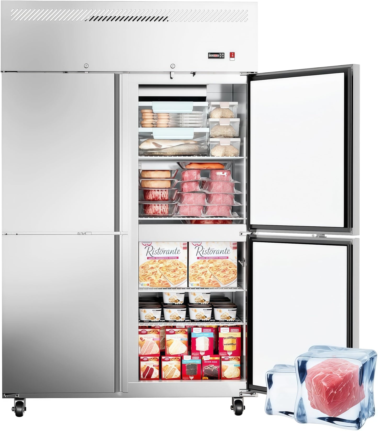 48"W Commercial Freezer 4 Door Stainless Steel Reach-in Solid Door Upright Fan Cooling 36 Cu.ft 2 Section Freezer -8-1°F for Restaurant, Bar, Shop