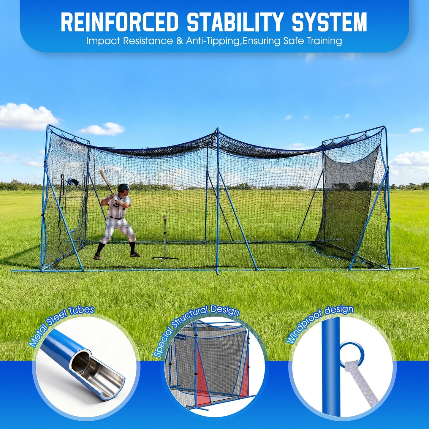 20ftx10ftx8ft Baseball Softball Cage with Hitting Net,Dual Sided 7-Ply Netting for Batting/Pitching/Fielding,Heavy-Duty Metal Frame and Windproof Ropes for Backyard Outdoor Indoor