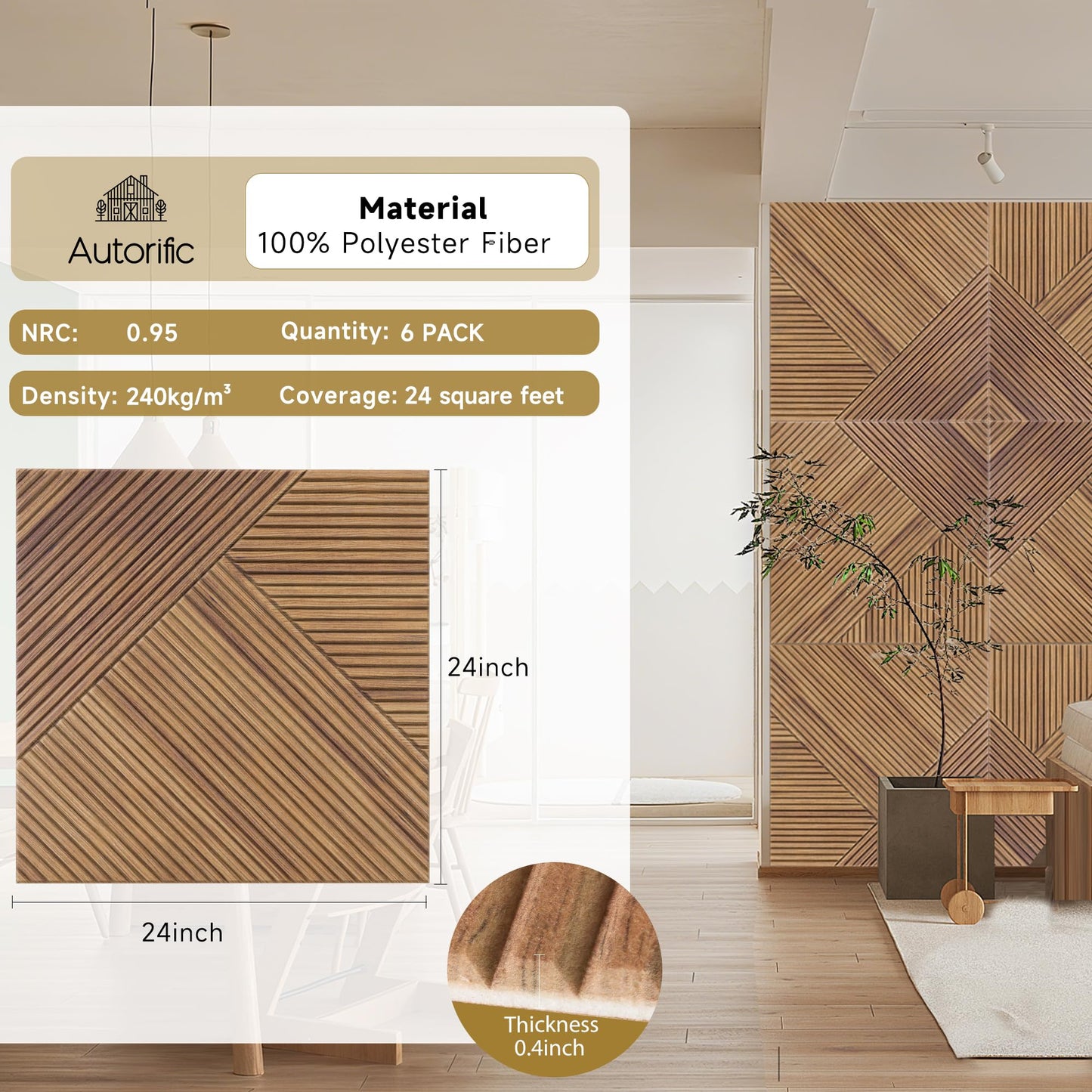 Autorific Acoustic Wall Panels,6 Pack Total Size 72 x 48 Inches,Self-Adhesive Decorative Acoustic Panels for Wall and Ceiling,3D UV Printing with Wood Look,Beech