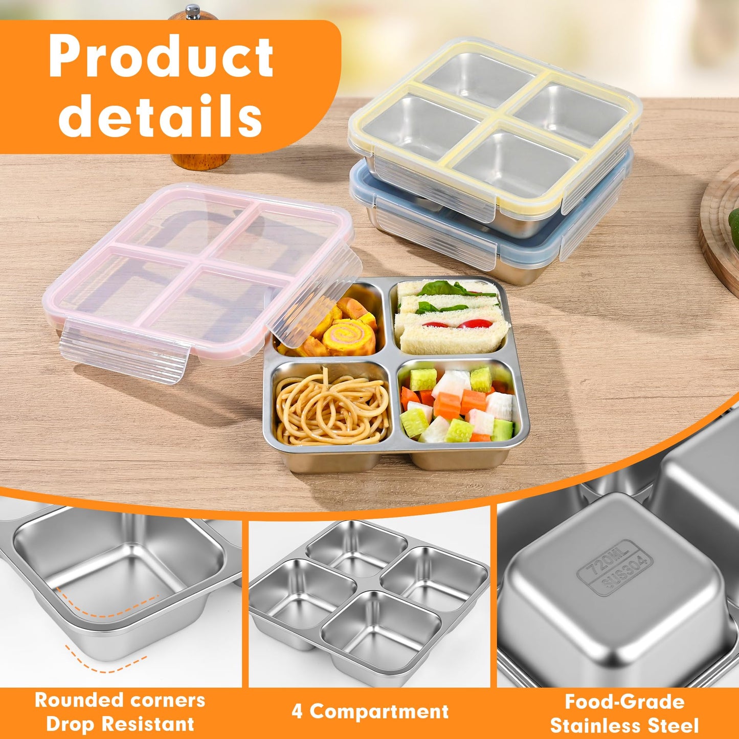 4 Pack Stainless Steel Snack Containers with Lids, Leakproof 4 Compartment Bento Lunch Boxes, Reusable Metal Meal Prep Food Storage Containers, Dishwasher Safe for Work, Travel, Picnic (4pack-A)