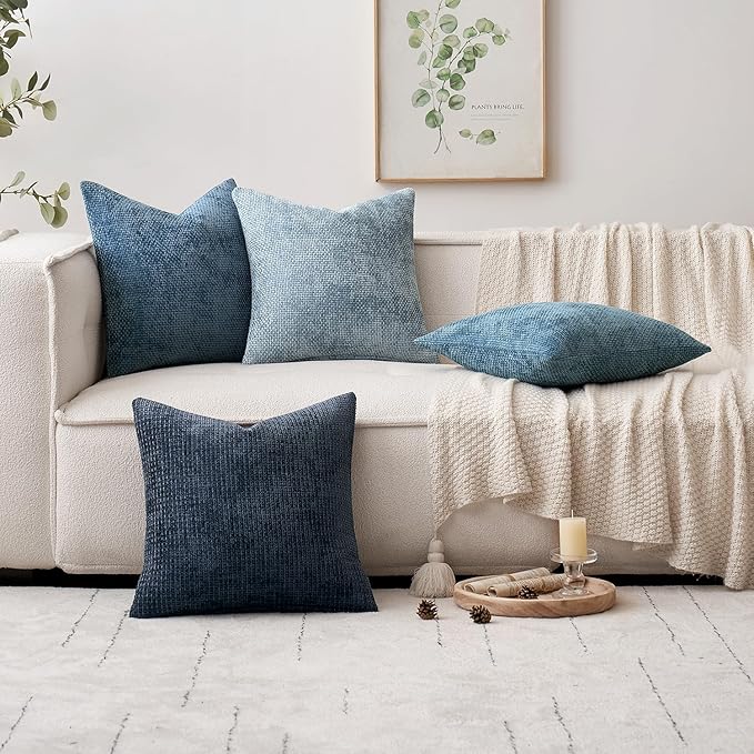 MIULEE Pack of 4 Couch Throw Pillow Covers 22x22 Inch Neutral Blue Soft Decorative Chenille Pillow Covers Farmhouse Accent Cushion Covers for Boho Western Spring Coastal Decor Sofa Bed Living Room