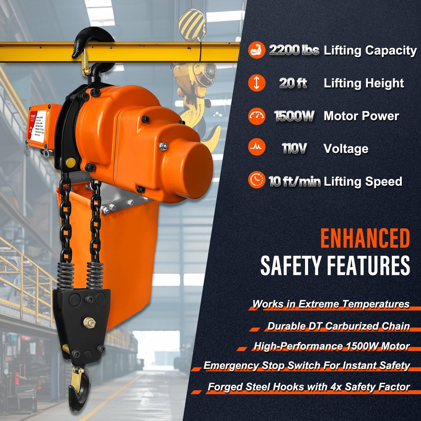 YATOINTO Electric Chain Hoist, 1 Ton/2200 lb Capacity, 20 ft Lift Height, 20 ft Wired Remote, 120V Single Phase Hoist with Emergency Stop, Double Chain, for Garage, Shop, Warehouse