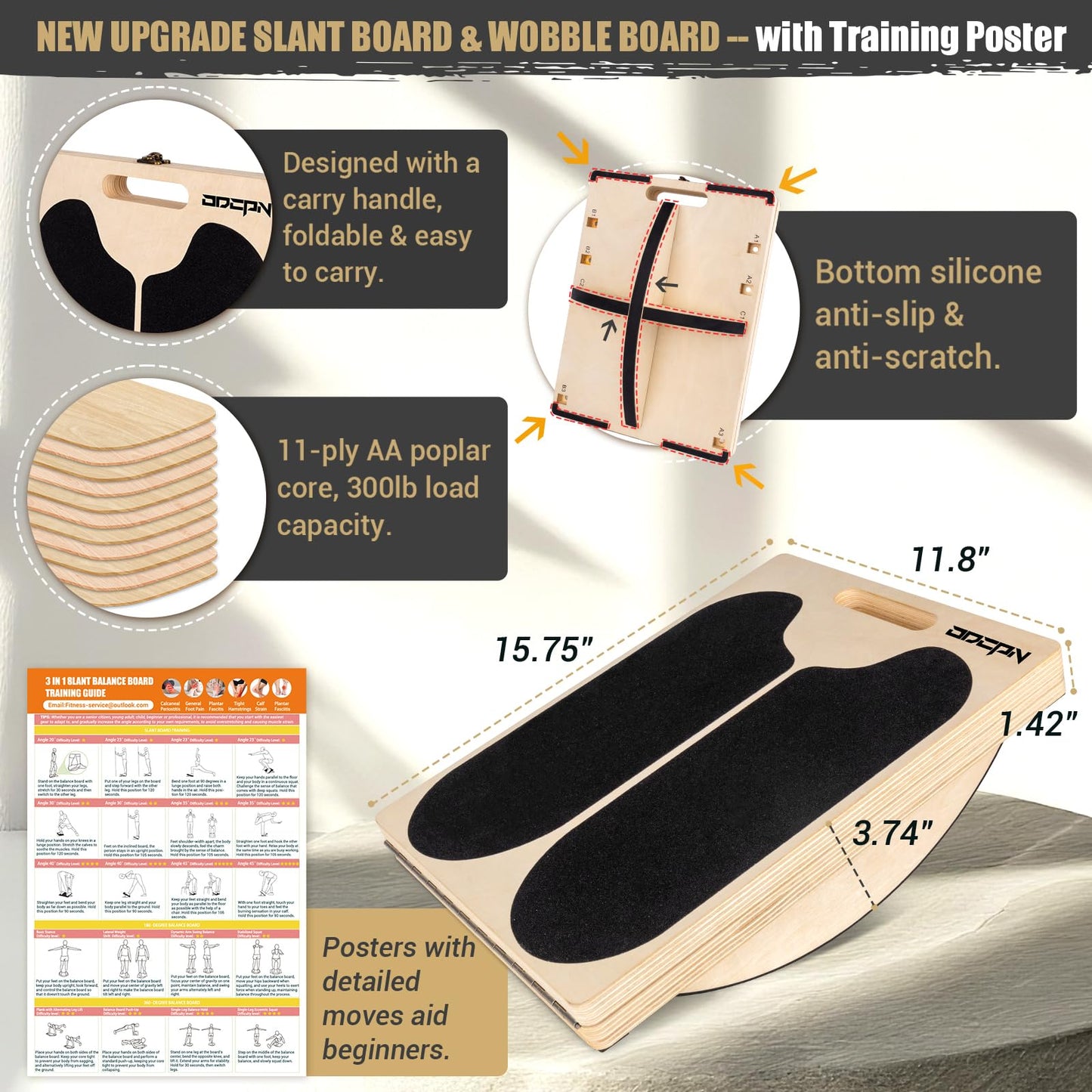 3-in-1 Slant Board & 180°/360° Balance Board, Portable 6 Angle Adjustable Calf Stretcher with Training Poster, Anti-Slip 300LBS Wobble Board for Physical Therapy, Standing Desk & Core Strength