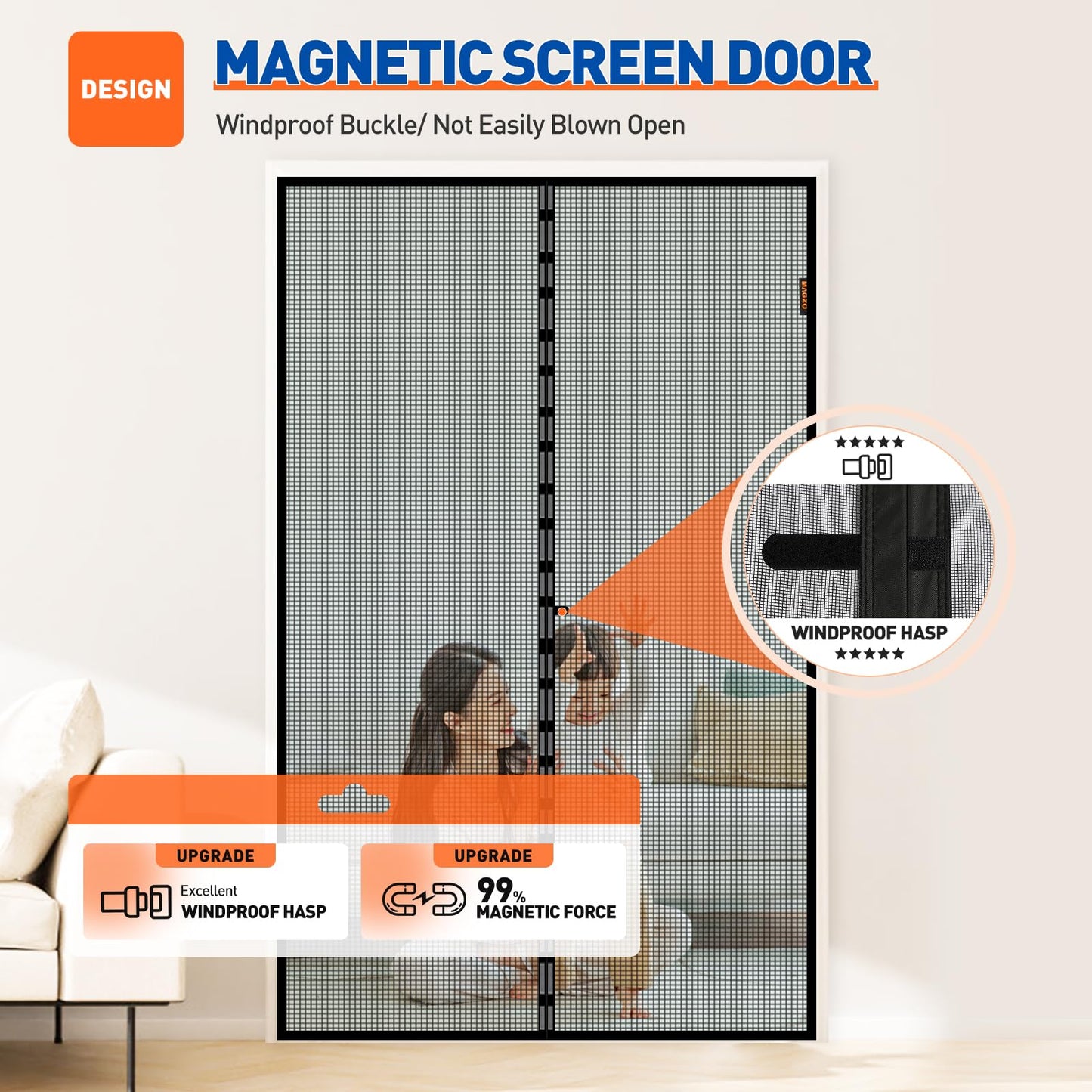 MAGZO Magnetic Screen Door Fit Door Size 72 x 80 Inch, Screen Size 74" x 81" French Door Screen with Full Frame Hook&Loop Black