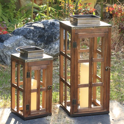 DECORKEY Rustic Wooden Metal Lantern Set of 2 - 28''/20'' H Decorative Indoor & Outdoor Candle Holders