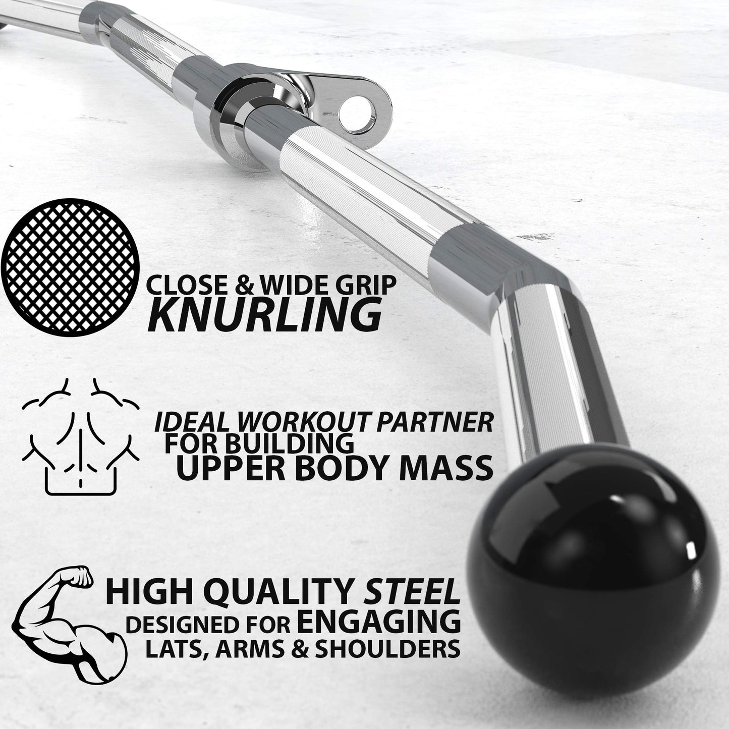 Synergee Lat Bar Cable Attachment 48". Universal Attachment for Cable Machines. Pull Down/Press Down Bar Accessory. Wide & Narrow Grip for Strong Back.