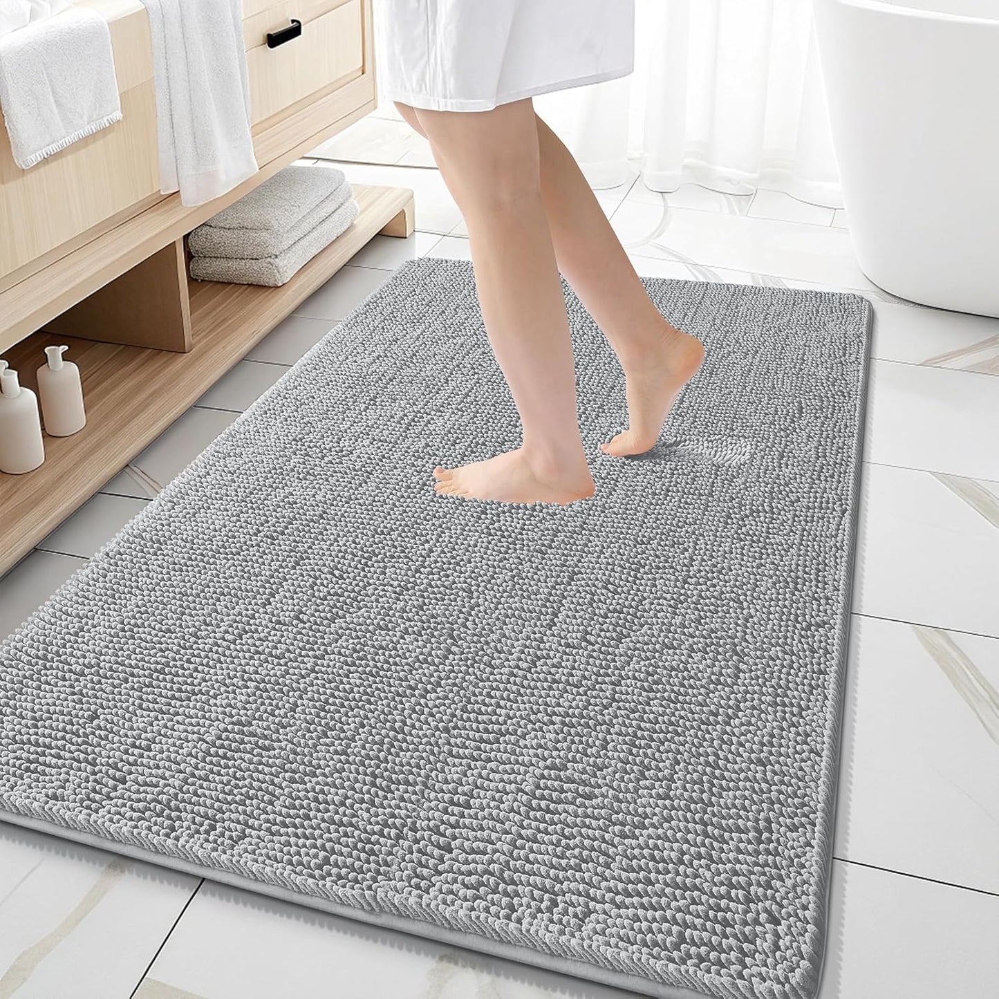 OLANLY Large Bath Rugs - Extra Soft Chenille with Quick-Dry Rubber Backing | 59x35, Light Grey