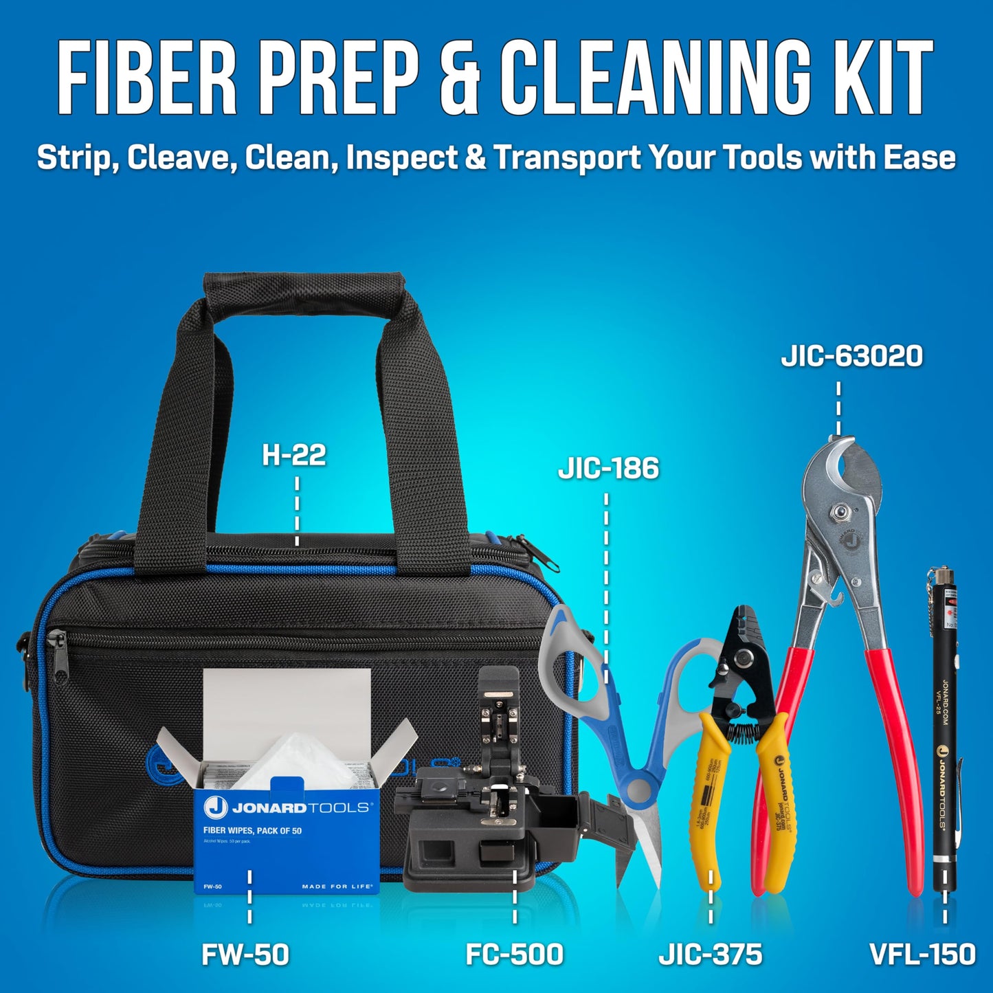 Jonard Tools TK-184A Fiber Optic Connector Clean & Prep Kit+ - Fiber Optic Stripper, Cable Cutter, Cleaver, VFL, Kevlar Scissors, Wipes, Rugged Case