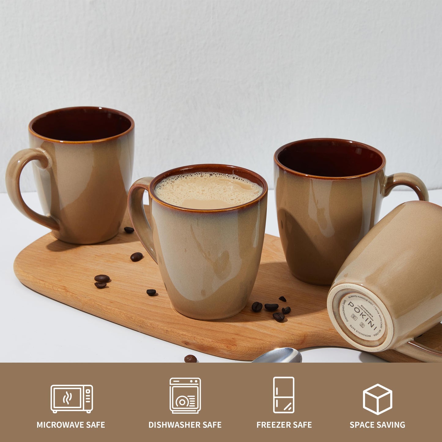 Pokini Coffee Mug 14 oz, Ceramic Coffee Mugs Set of 4, Reactive Glaze Mug for Latte/Tea/Cappuccino, Large Stackable Mug Set for Men, Women, Dad, Mom, Dishwasher & Microwave Safe, Brown Yellow