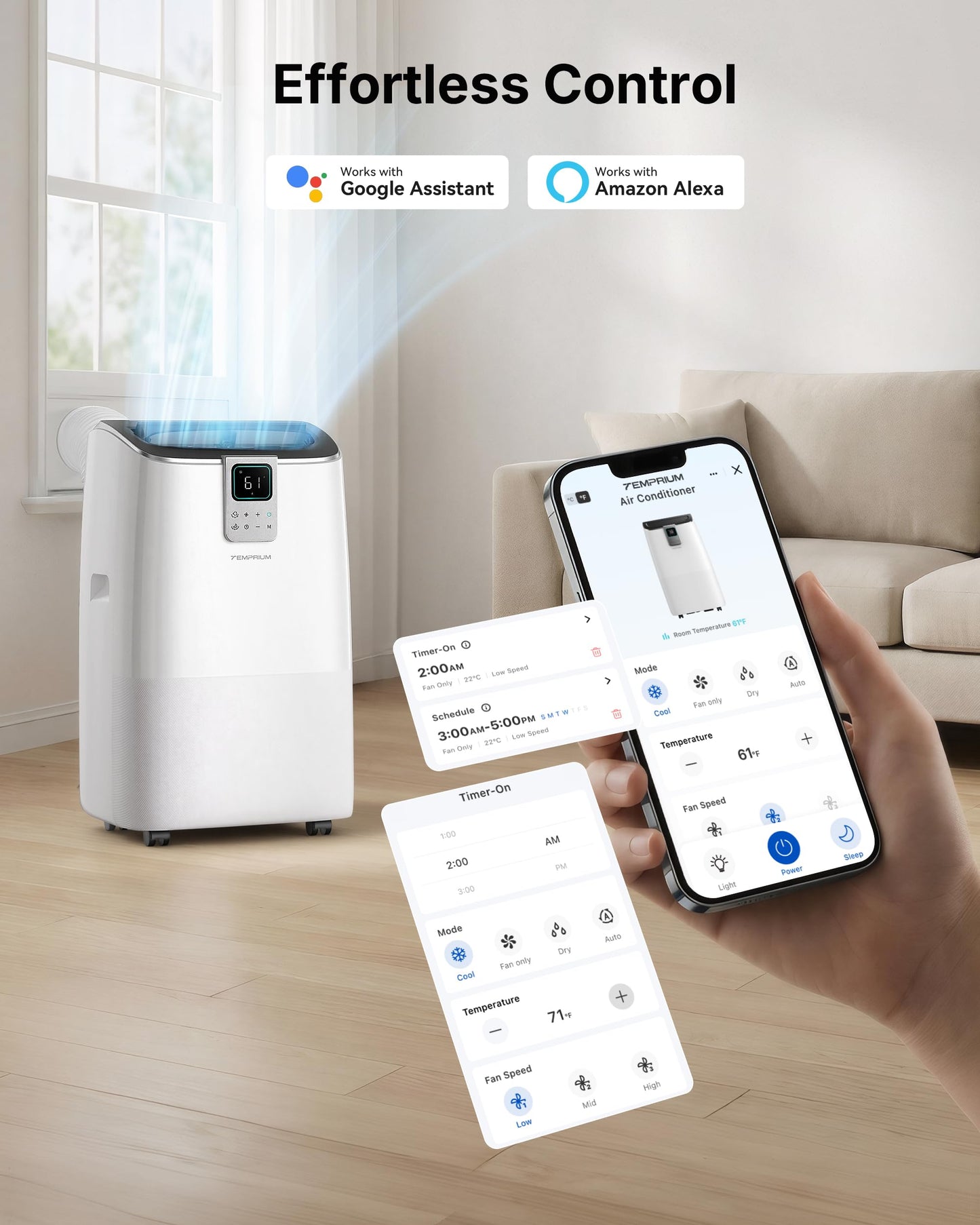 Temprium 14,000 BTU Smart Portable Air Conditioner for Large Rooms up to 750 Sq.ft, 41dB Quiet Efficient AC Unit with App & Voice Control, 4-in-1 Cooling, Dehumidifier, Fan, No-Drain Self-Evaporating