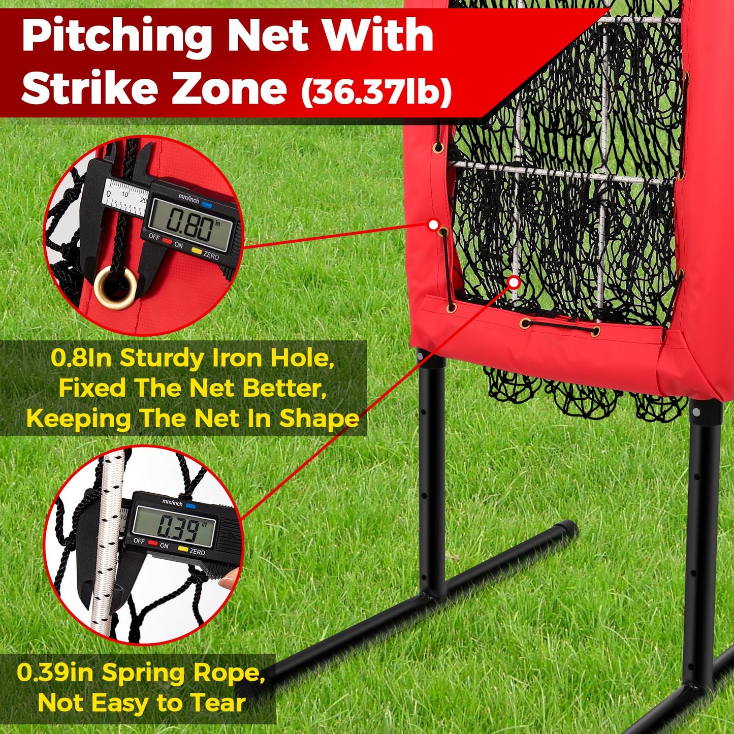 Heavy Duty 9 Hole Pitching Net with Strike Zone,9 Pocket Pitching Target Net of 4 Adjustable Heights (36-53in),Softball Pitching Net Fix by 8xspikes and 2xsandbags, Pitching Target Net for All Age