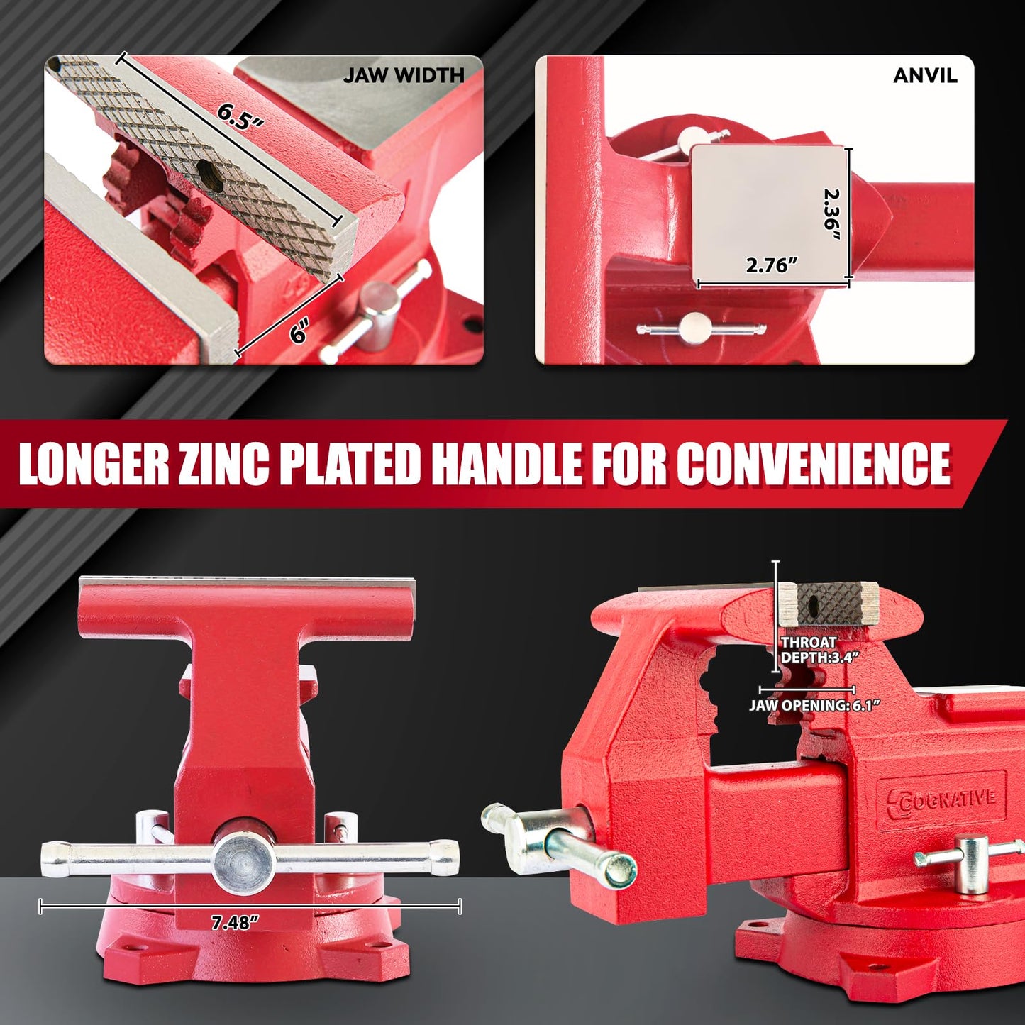 COGNATIVE 6.5" Heavy-Duty Ductile Iron Bench Vise 360° Swivel Bench Vise with Anvil, Red and 6" Vise Jaws