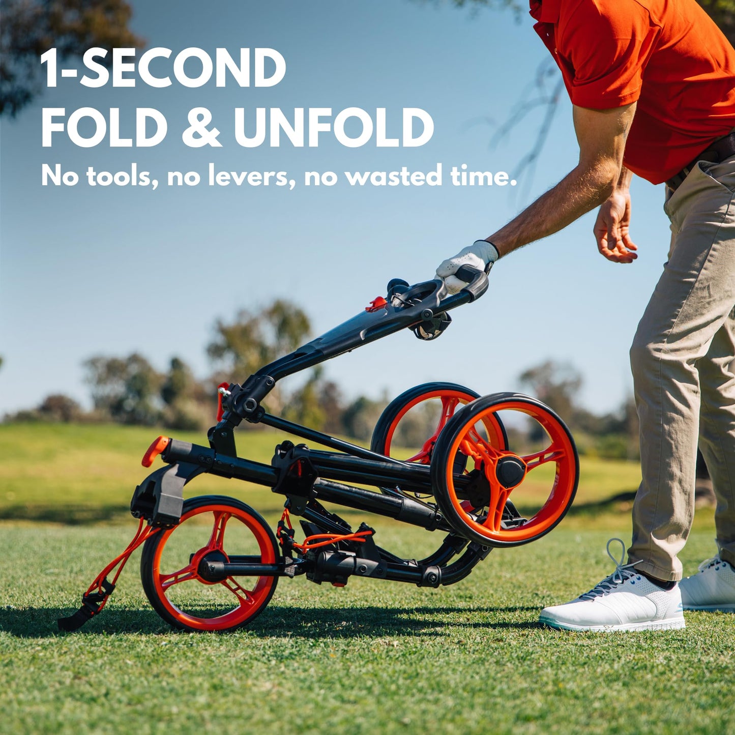 Qwik-Fold 3-Wheel Golf Push Cart with Foot Brake – 1-Second Fold & Unfold Trolley, Lightweight Aluminum Frame, Adjustable Handle, Smooth Ball-Bearing Wheels, Umbrella Holder & Storage - Lime
