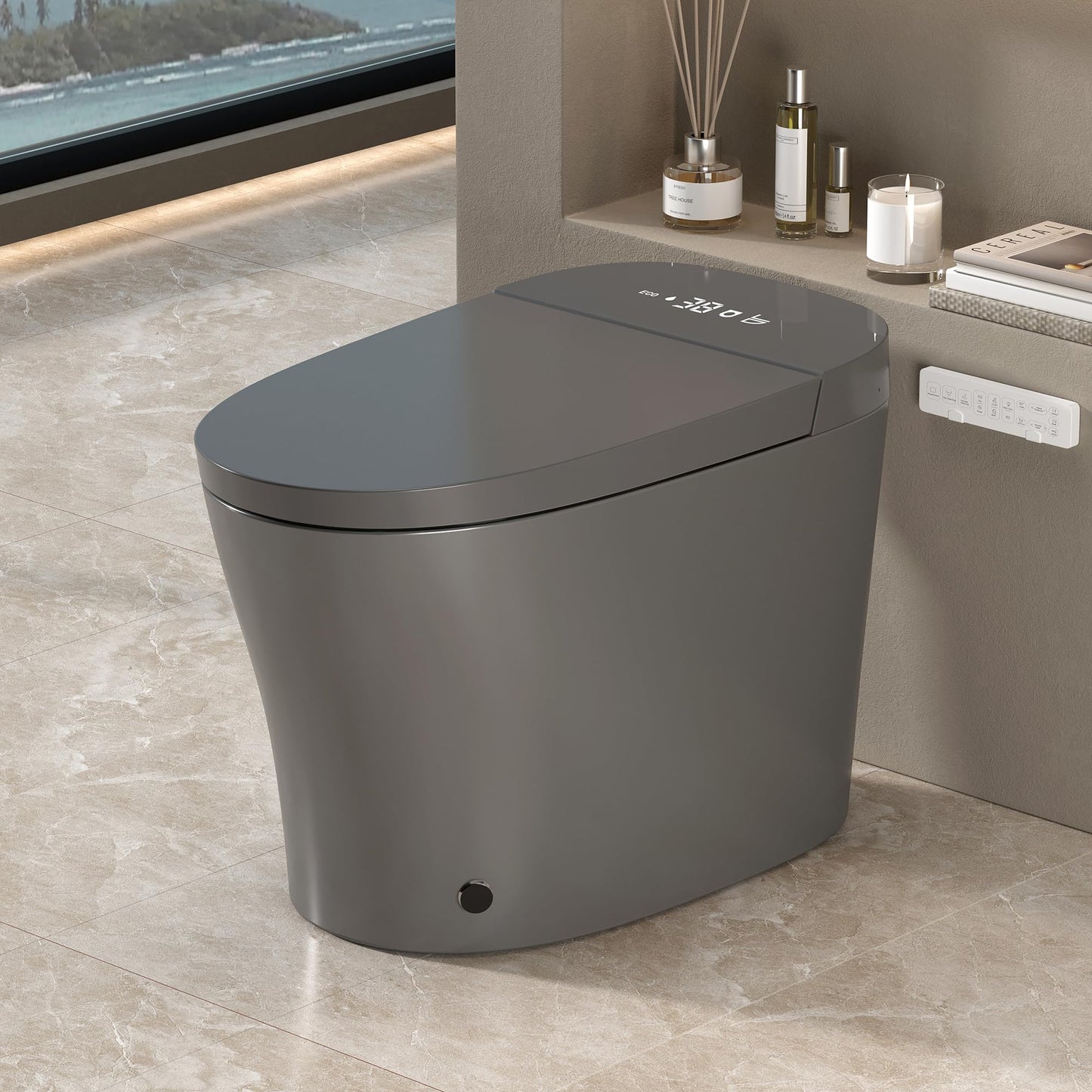 WinZo Smart Toilet with Bidet Built in, ADA One-Piece Toilet Auto Open/Close & Flush, Heated Seat, Front & Rear Wash, LED Display, Night Light, 12-inch Rough-in (Matte Grey)