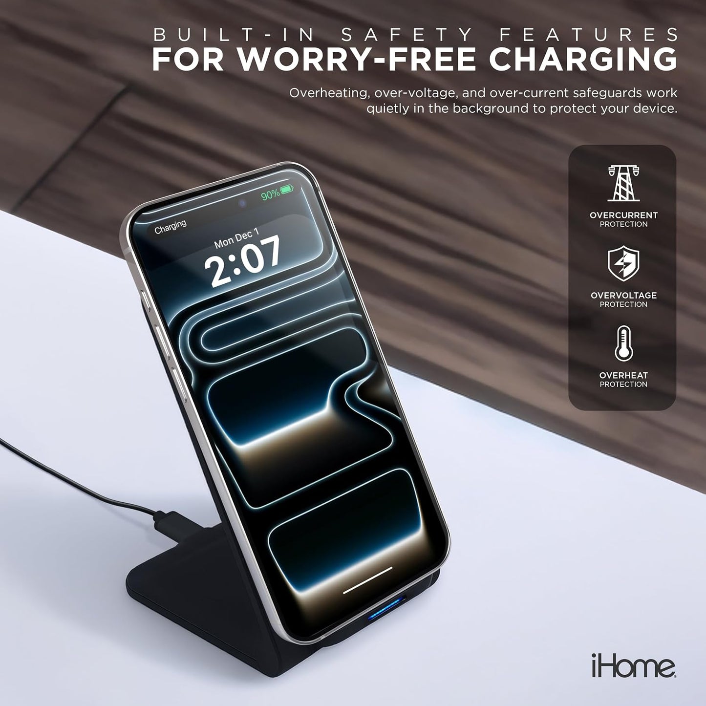 15W iHome Folding Wireless Charging Stand, Fast Charge, Travel-Friendly Design, Cable Included