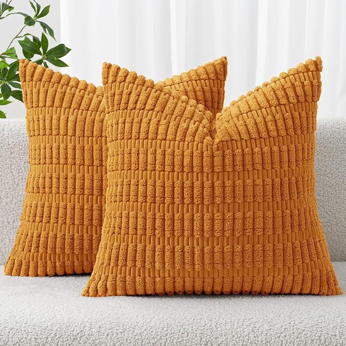 MIULEE Pack of 2 Burnt Orange Corduroy Decorative Euro Sham Pillow Covers 24x24 Inch Soft Boho Striped Throw Pillow Covers Modern Farmhouse Home Decor for Summer Sofa Living Room Couch Bed