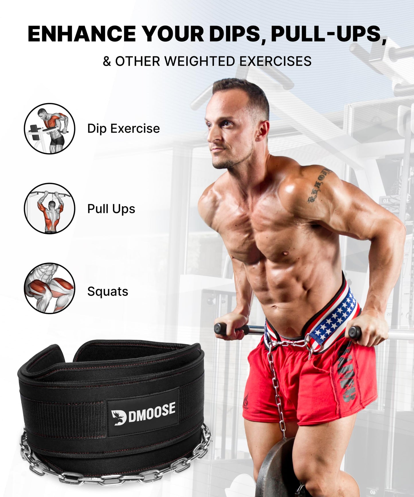 DMoose Fitness Dip Belt For Weightlifting - Weighted Pull Up and Squat Belt with Chain for Intense Workouts - Heavy Duty Stainless Steel Chain & Coated D-Ring - Weight Dipping Belt for Dips - Black