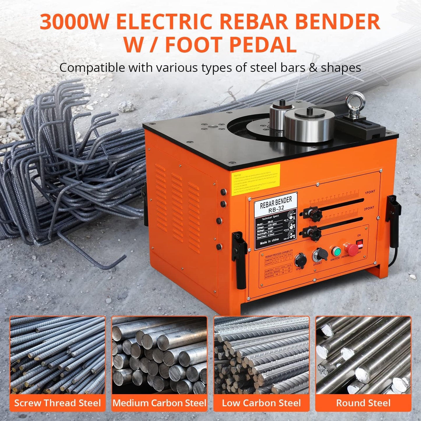 3000W Electric Rebar Bender, High-Speed 6-7 Seconds Bending Machine, Accurate 0-180° Portable Rebar Bender Tool for 1/4 to 1.3 Inch Steel Bar with Foot Pedal