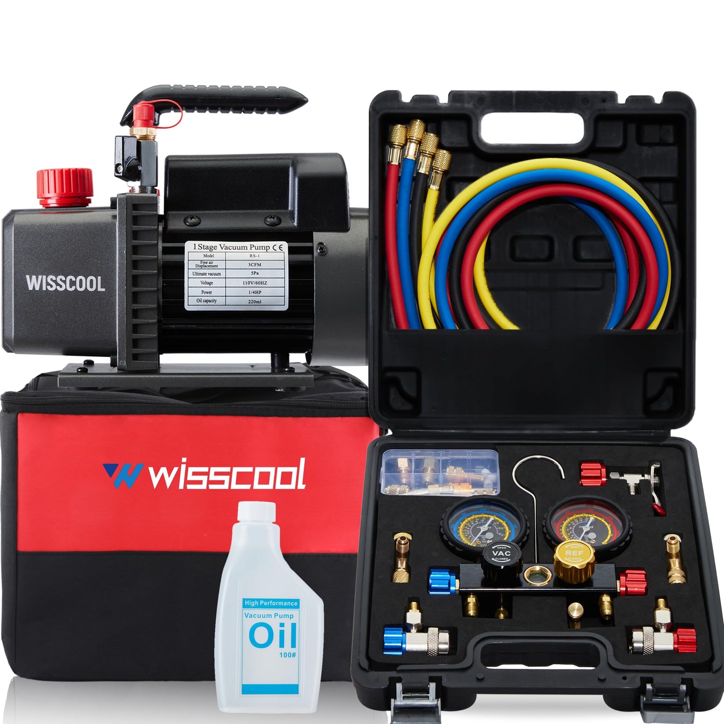 Wisscool 4.5cfm AC Vacuum Pump 4 Way Gauge Set, 110V 1/3 hp HVAC Air Vacuum Pump Manifold Gauge Kit with 4 Hoses Adapters Accessories Carry Bag for R410a R134a R22 Refrigeration Recharging