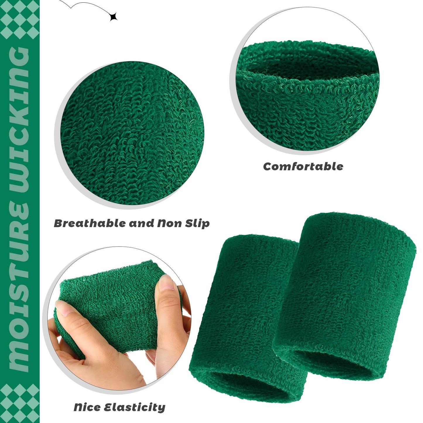 Bememo 24 Pcs Wrist Sweatbands Bulk Sports Wrist Bands for Men Women Breathable Athletic Tennis Wristbands Stretchy Absorbent Cotton Terry for Basketball, Baseball, Gym, Working Out(Dark Green)
