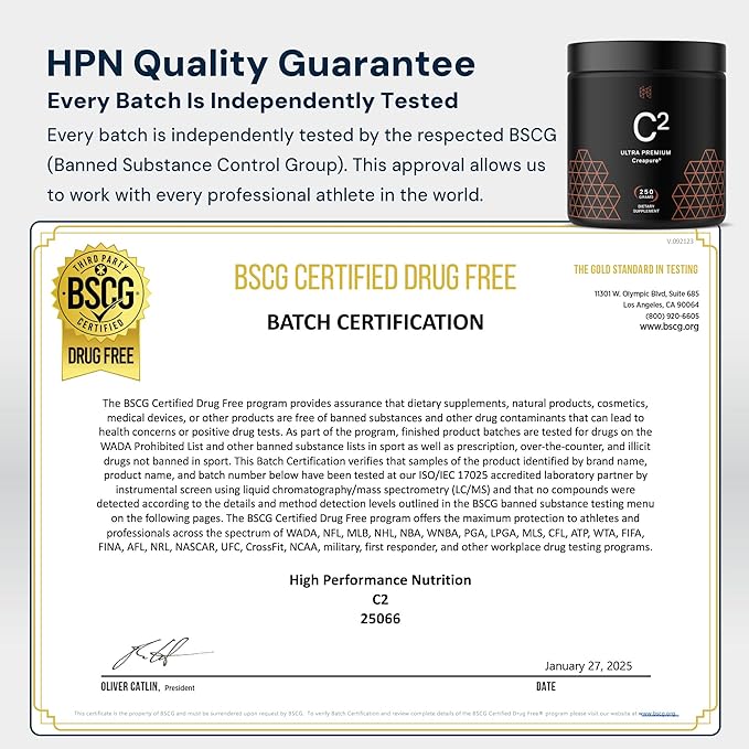 HPN C2 Creatine Monohydrate for Performance, Recovery, Strength, Working Out, Vegan, Non-GMO, Dairy and Soy Free, Independently Tested, Ultrapure Premium Creapure (100 Servings)
