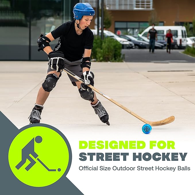 Outdoor Street Hockey Balls, 6 Pack | Official Size & Weight | High Density, Minimal Bounce for Improved Gameplay | Ideal for Roller or Street Hockey Above 32F