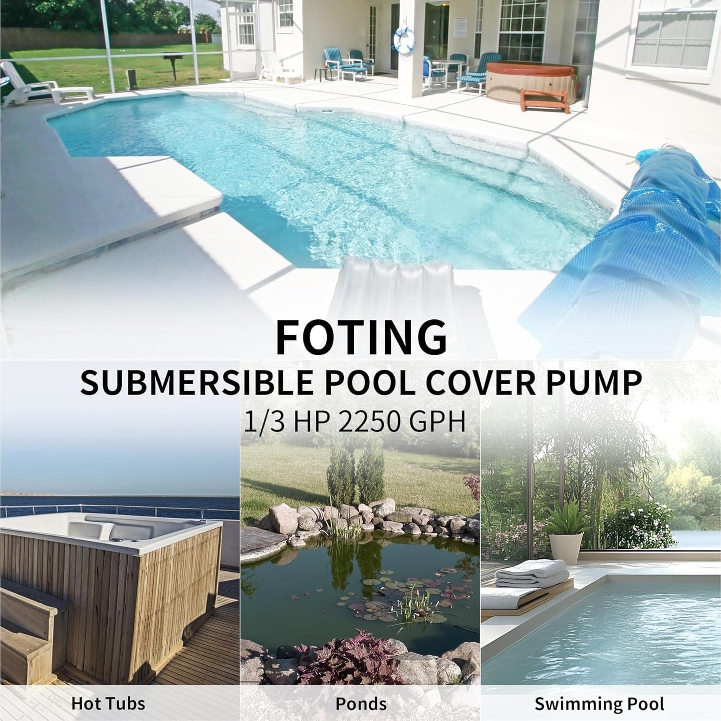 FOTING 1/3HP 2250GPH Automatic Swimming Pool Cover Pump,Submersible Water Pump, Water Removal with 3/4” Check Valve Adapter & 25ft Power Cord, Drainage for Ponds, Rooftops, Water Beds,Blue