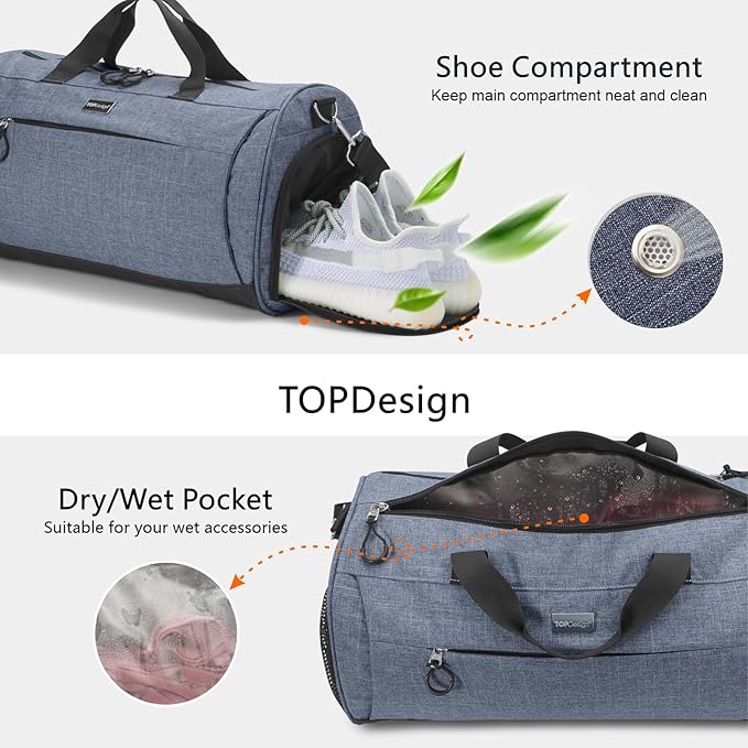 TOPDesign Gym Bag for Women & Men, Unisex Duffel Bag with Shoe Compartment & Wet Pocket for Travel Sports Gym (M Textured Blue)