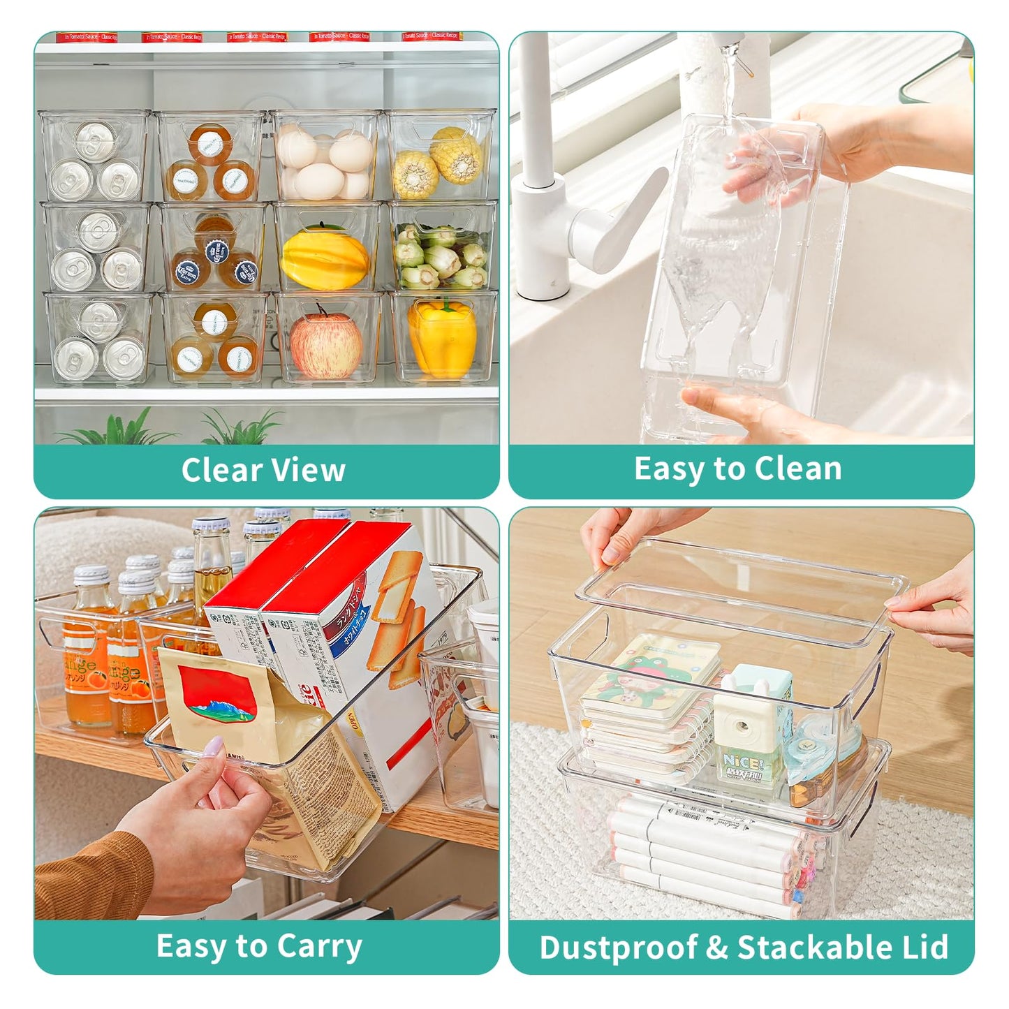 6 Pack Small Clear Storage Bins with Lids, Acrylic Arts and Craft Storage Containers, Stackable Clear Plastic Craft Storage Bins with Handles for Pantry Organizers and Storage, Kitchen, Fridge, Office