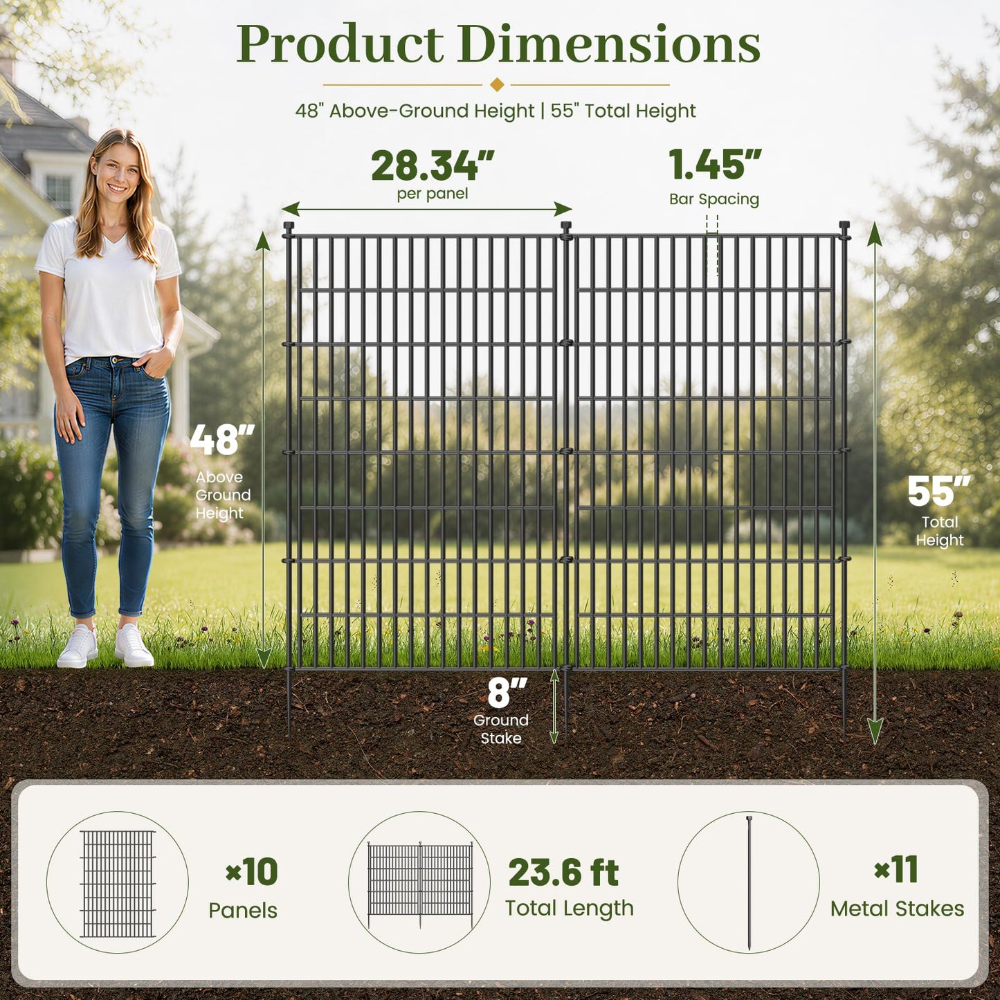 10 Panels No Dig Decorative Outdoor Garden Fence with Gate for Yard, 48 in(H) X 23.6ft(L) Animal Barrier Fencing Rustproof Metal Wire Panel Border for Dog, Rabbits, and Patio Temporary Ground Stakes