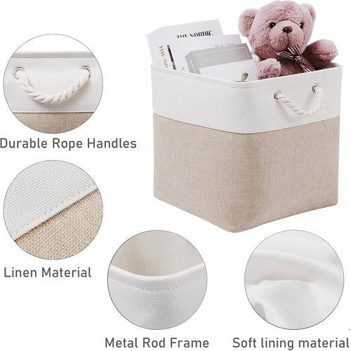 MidmmVick Extra Large 13"x13" Cube Storage Bins - 6 Pack Collapsible Fabric Bins in White & Beige