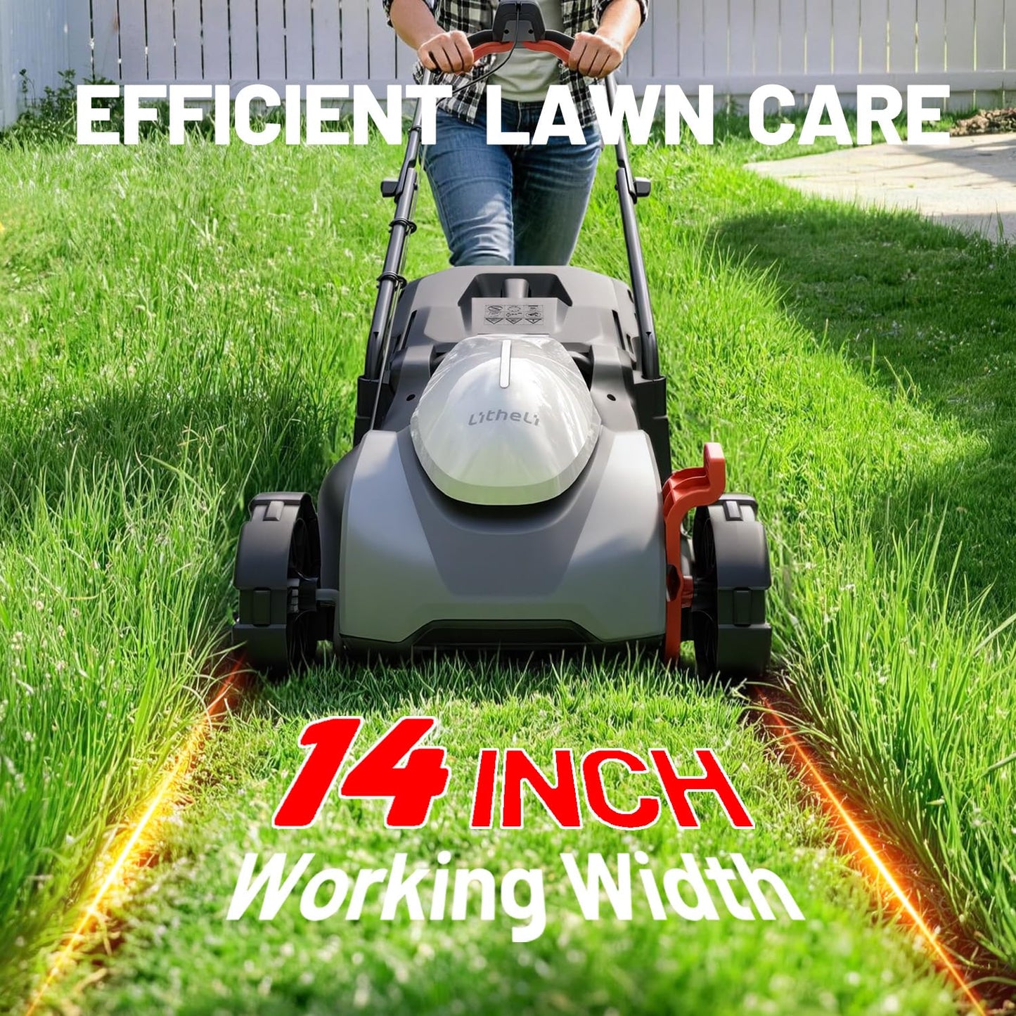 Litheli 14 Inch Cordless Lawn Mower, 5.0Ah Battery Powered Push Mower with Brushless Motor, Quiet & No Maintenance, Lightweight Grass Cutter for Small to Mid-Sized Yards