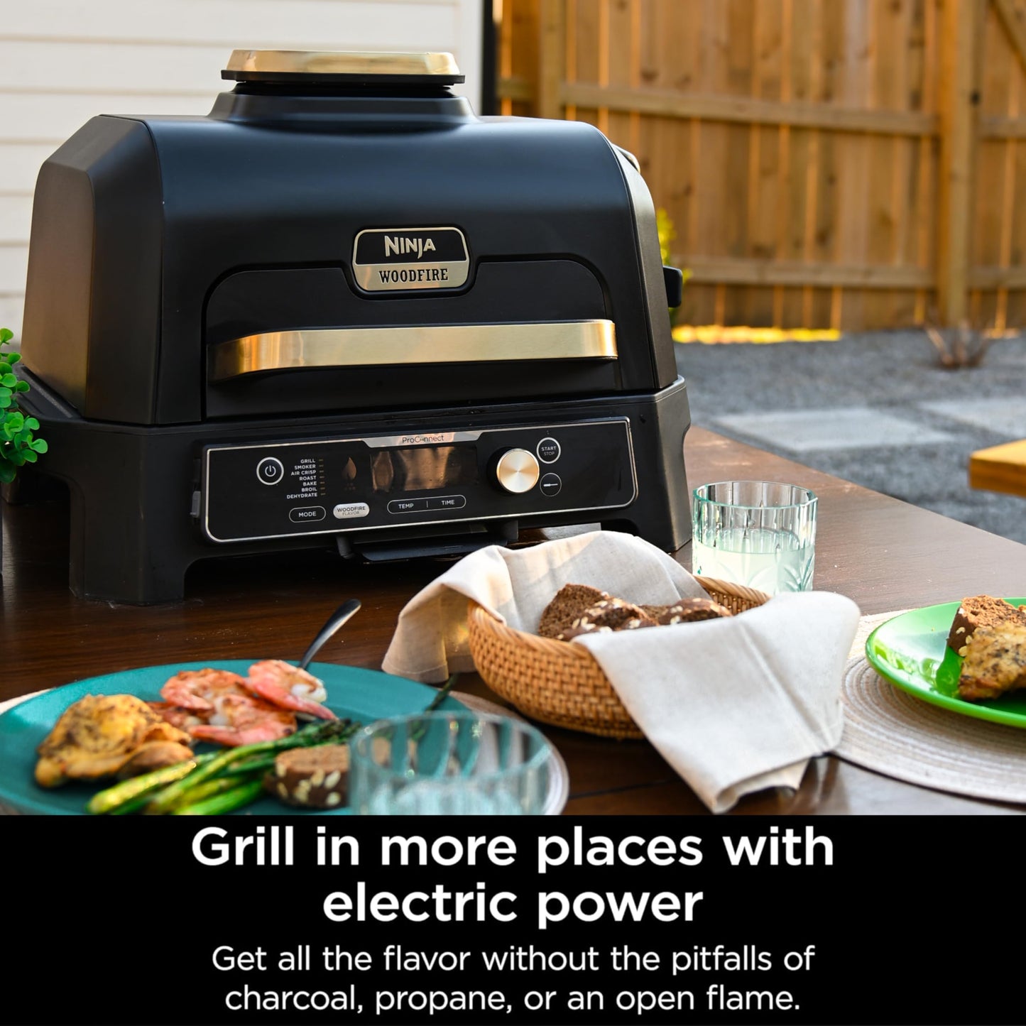 Ninja Woodfire Pro Connect XL Outdoor Grill & Smoker | Bluetooth, App Enabled | 7-in-1 Grill, BBQ Smoker, Outdoor Air Fryer | Woodfire Technology | Built-In Thermometer | Blue & Gold| OG951BL1