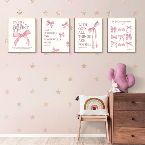 LARTSFRO Coquette Pink Bow Wall Art Decor - Inspirational Bible Verses | Set of 4 Unframed 12x16 Inch Prints for Teen Girls' Rooms