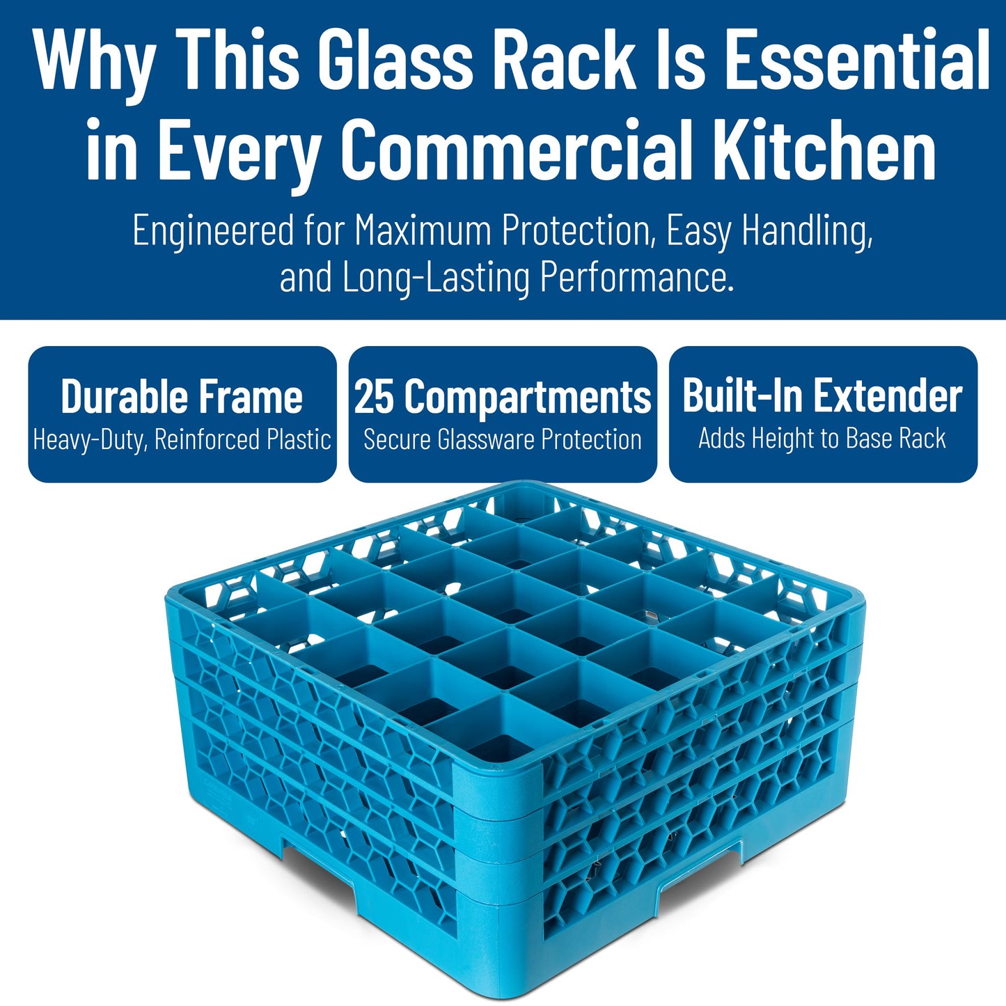Carlisle FoodService Products OptiClean 25-Compartment Glass Racks With 3 Extenders for 3.19" Cups – Glass Racks for Restaurants Scratch-Resistant Texture, Blue, (Pack of 2)