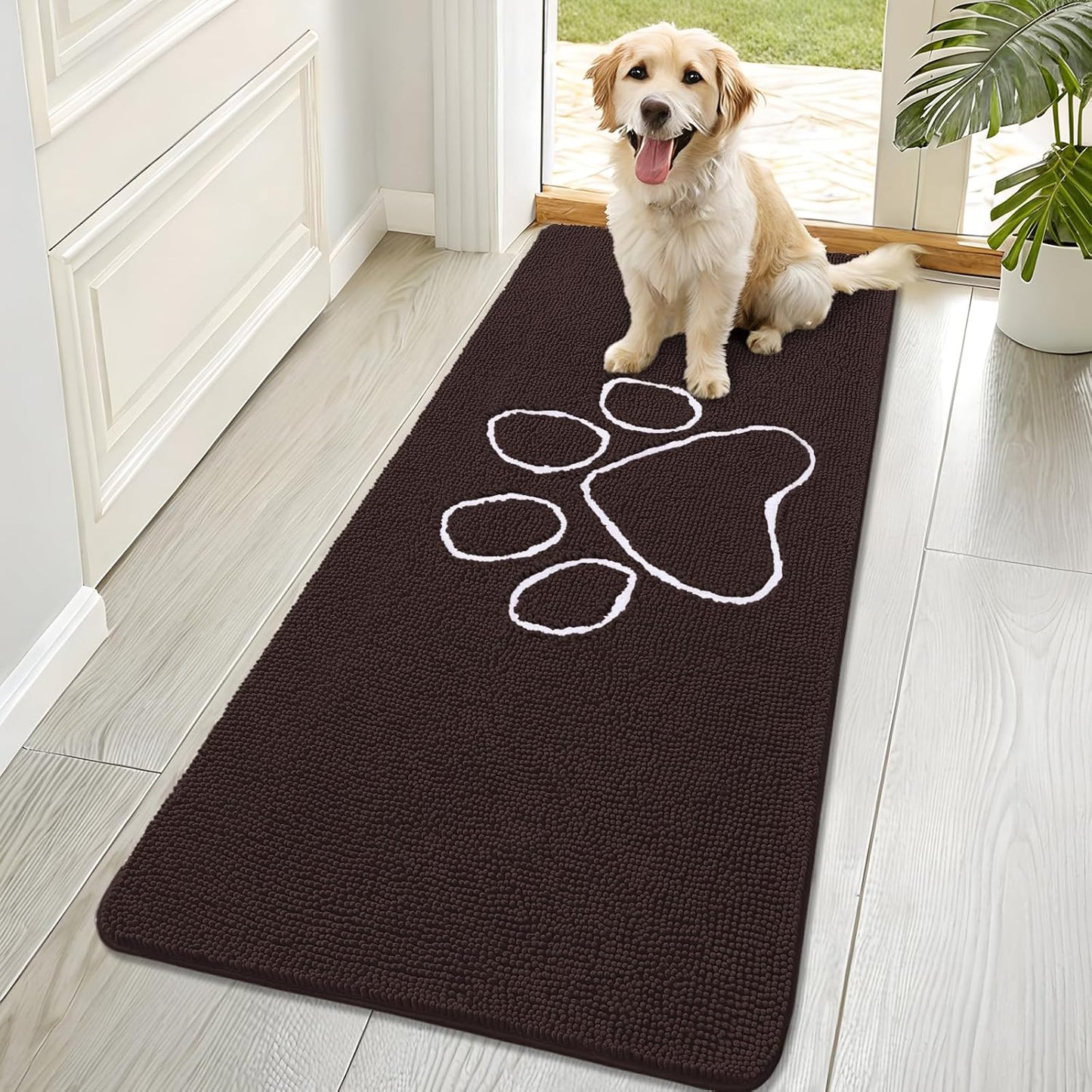 OLANLY Dog Door Mat - Absorbent Non-Slip Mud Mat for Muddy Paws | 70x32 Paw Print Design, Quick Dry Brown