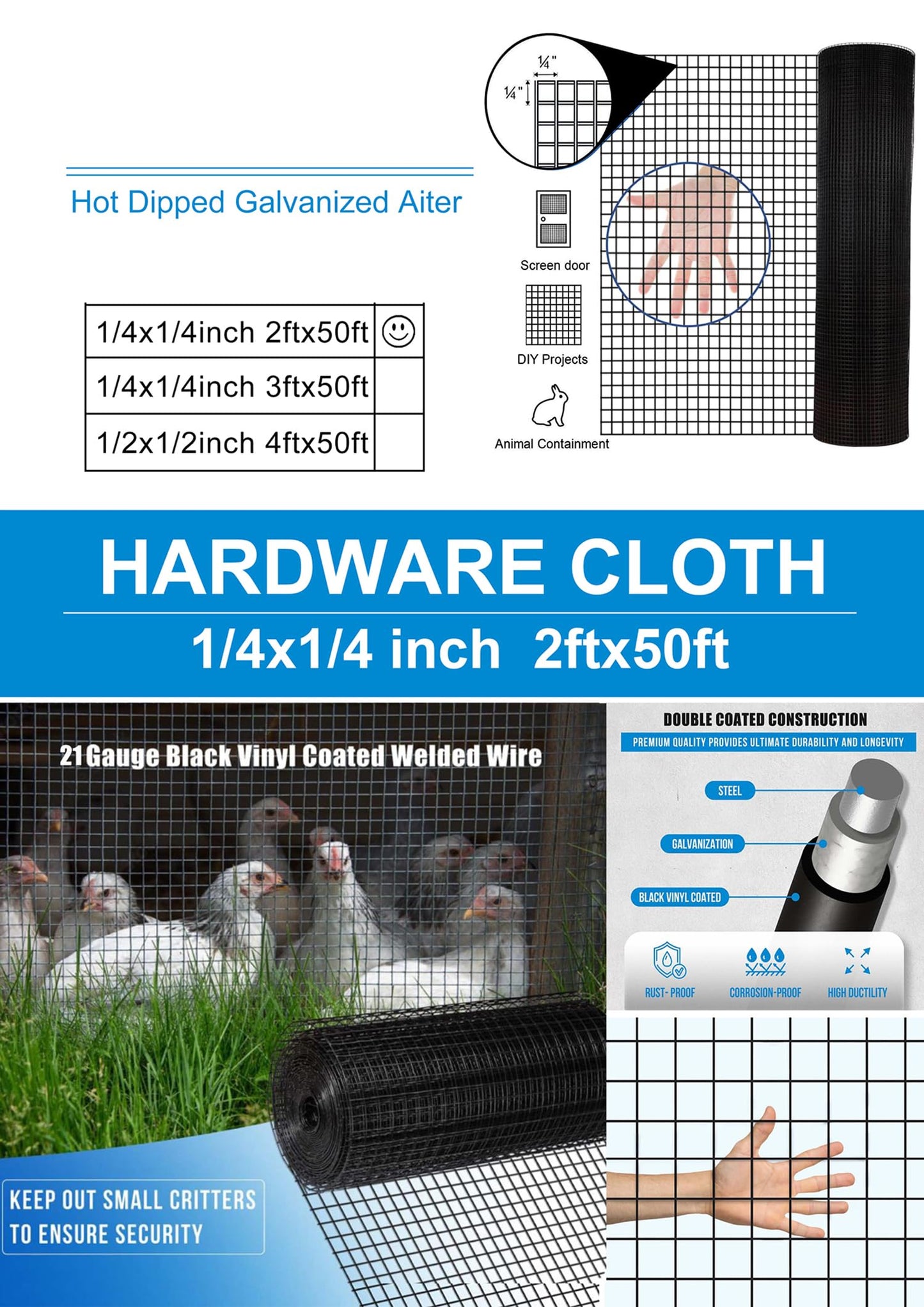 Gareinwuds Black Vinyl Coated Hardware Cloth for Chicken Wire Fencing-1/4in Mesh AWG 21 Gauge 24in x 50ft Galvanized Welded Wire Mesh Roll-Poultry Cage, Rabbit Protection, Snake Proof, DIY Projects