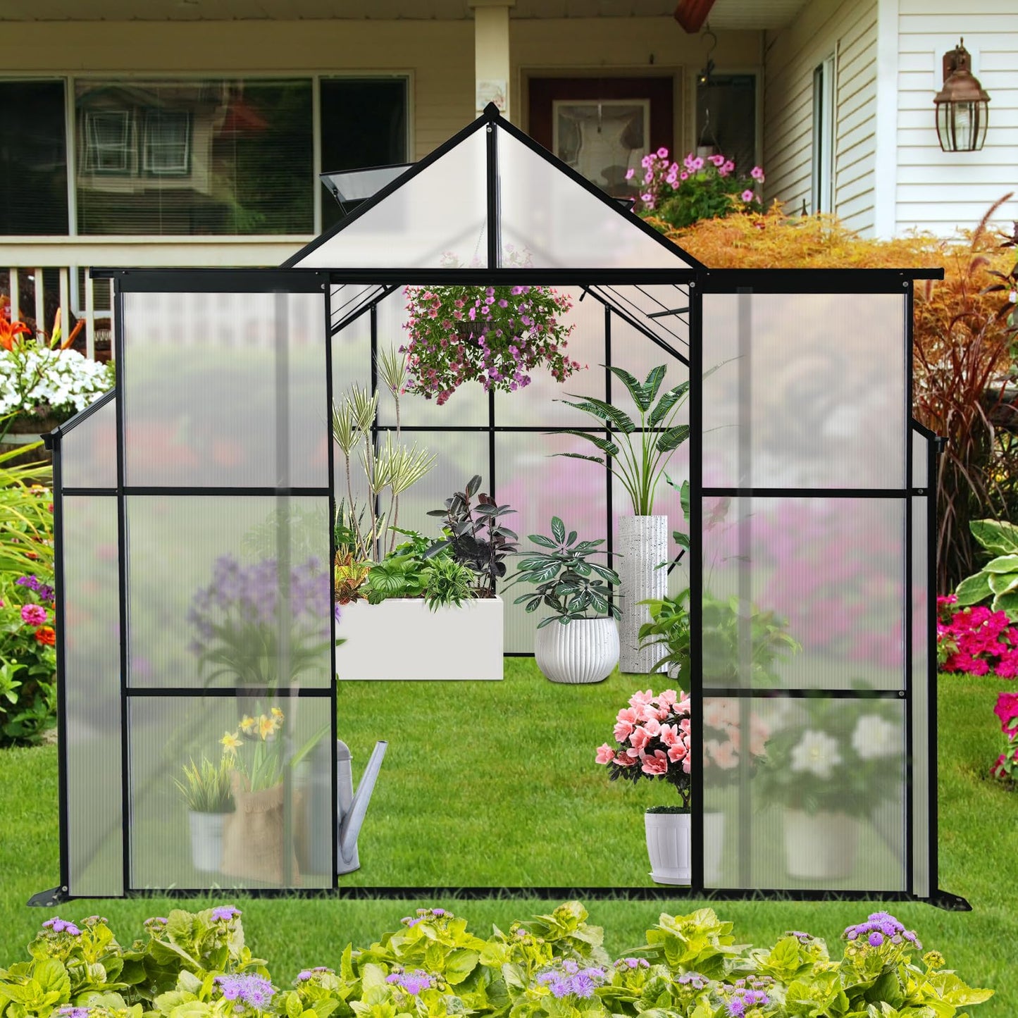 Ball & Cast 8X6 FT Greenhouse for Outdoors,Double Sliding Door Polycarbonate Raised Plant Base with Drainage System & Galvanized Frame,Backyard Anchor Aluminum Heavy Duty Walk-in Green Houses,Black
