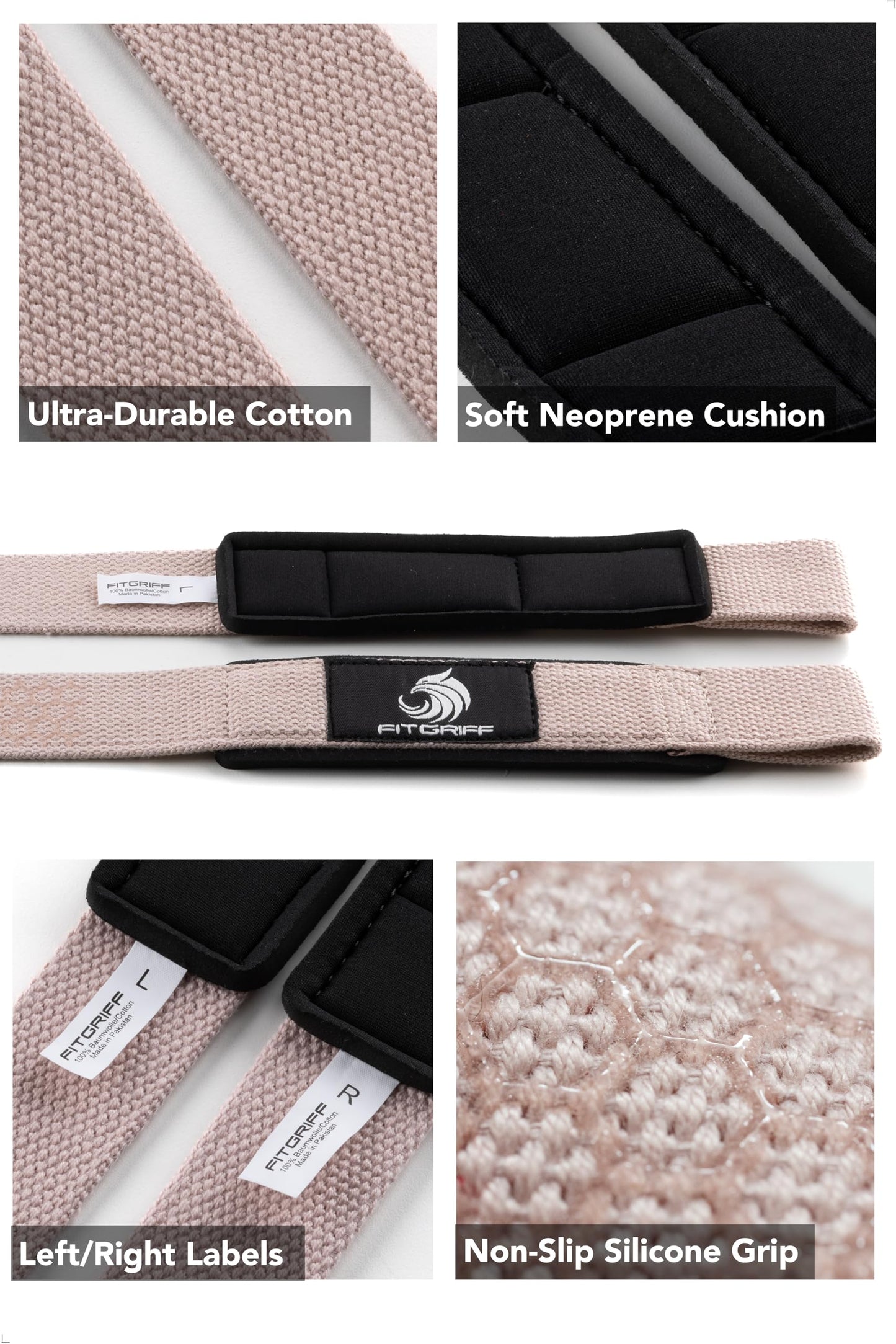 Fitgriff® Lifting Wrist Straps for Weightlifting, Gym, Deadlift, Workout (Made of Premium Cotton & Padded) - Men & Women (Standard, Blush Pink (Silicone-Grip))
