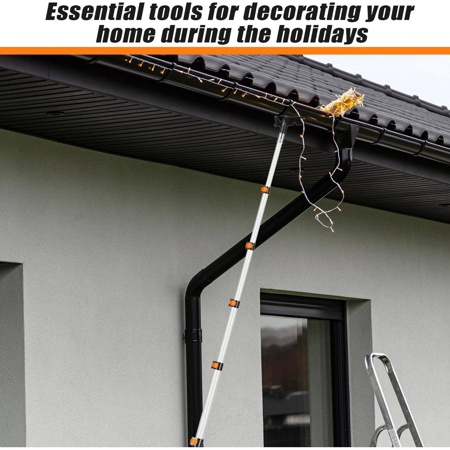 Leriton 7-36 ft Telescopic Extension Pole with Utility Hook, Multi-Purpose Aluminum Pole for Painting, Dusting and New Year Window Cleaning Christmas Lights Installation Without a Ladder (Orange)