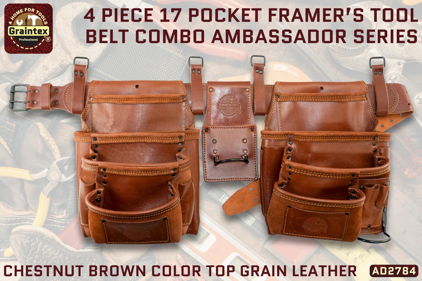 GRAINTEX AD2784 :: 4 Piece 17 Pocket Framer's Tool Belt Combo Ambassador Series Chestnut Brown Color Grain Leather