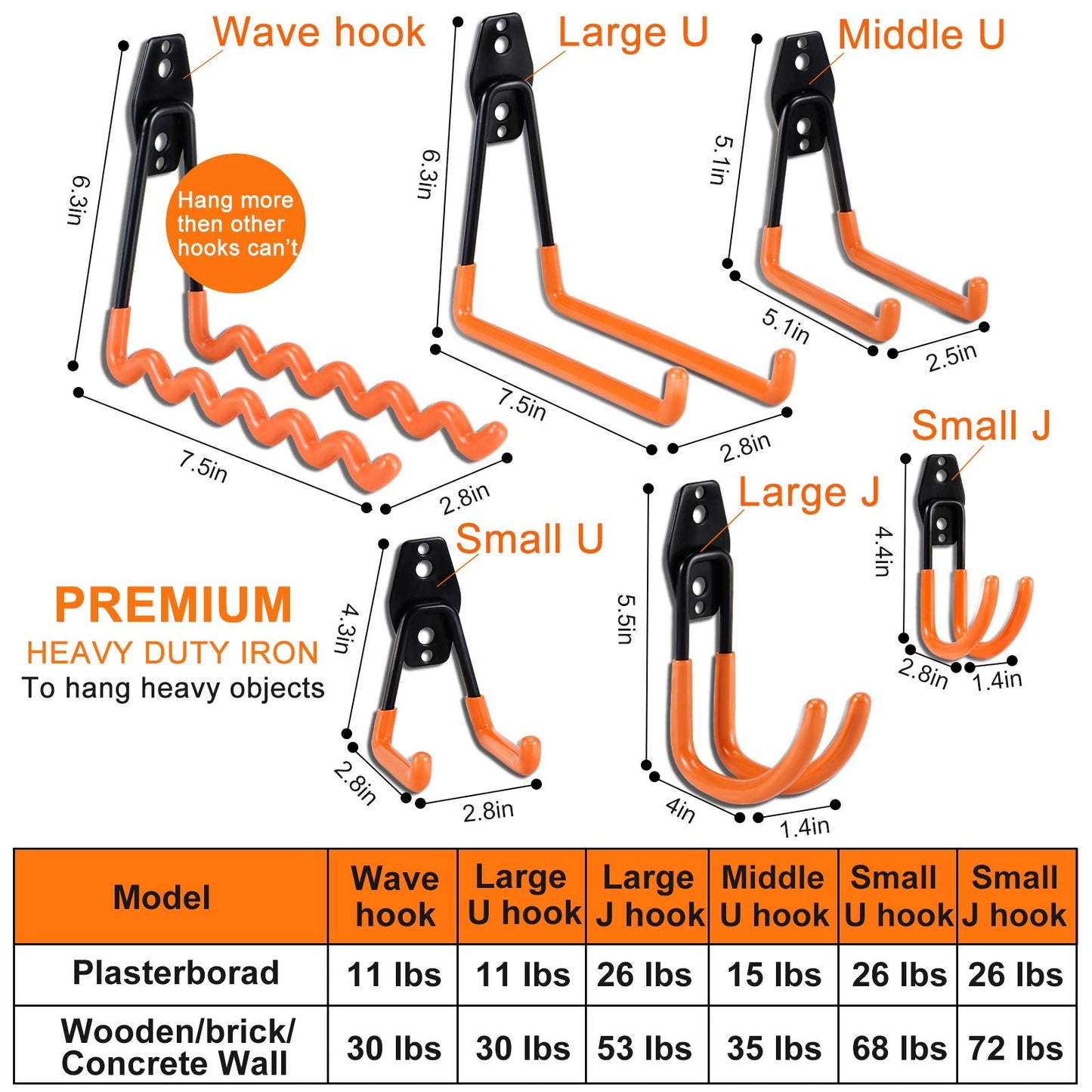 AOBEN 24PCS Garage Hooks, Heavy Duty Double Garage Hanger Organizer Wall Mount Iron Anti-Slip Garage Storage Hooks for Ladder, Power Tool,Bike,Ropes（23 Hooks & 1 hoder Strap-Orange