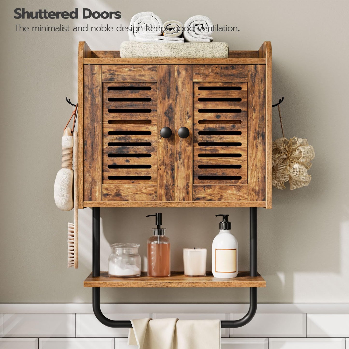 HOOBRO Bathroom Wall Cabinet, Double Doors Medicine Cabinet with Towel Bar, Adjustable Shelf, 2 Hooks, Over The Toilet Storage Cabinet, for Bedroom, Kitchen, Rustic Brown BF46CW01
