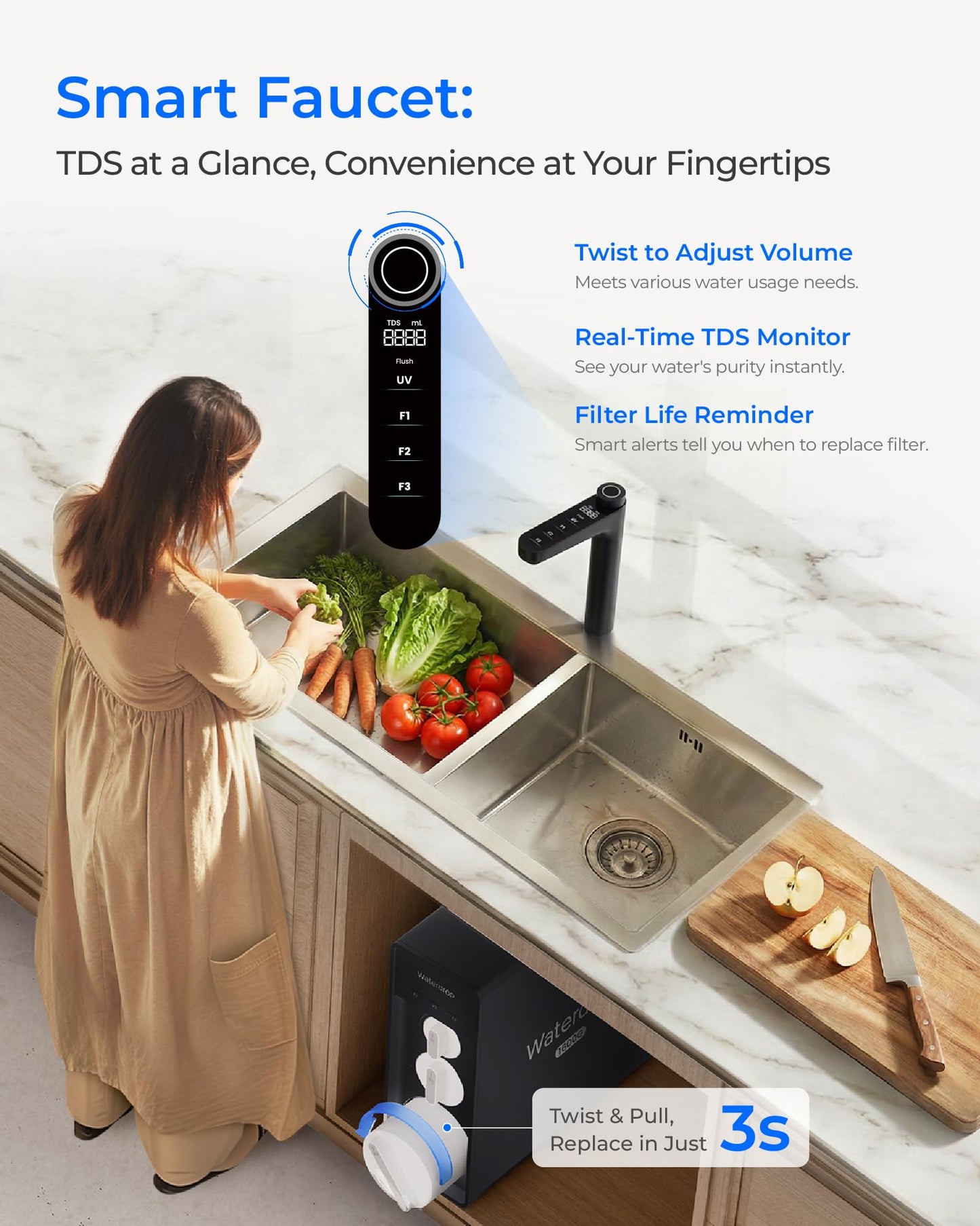 Waterdrop X16 Tankless Reverse Osmosis System, Alkaline Mineral, NSF/ANSI 42&58&372 Certified, 1600 GPD RO System, 11-Stage Filtration, UnderSink, 3:1 Pure to Drain, Smart Black Faucet, BPA Free