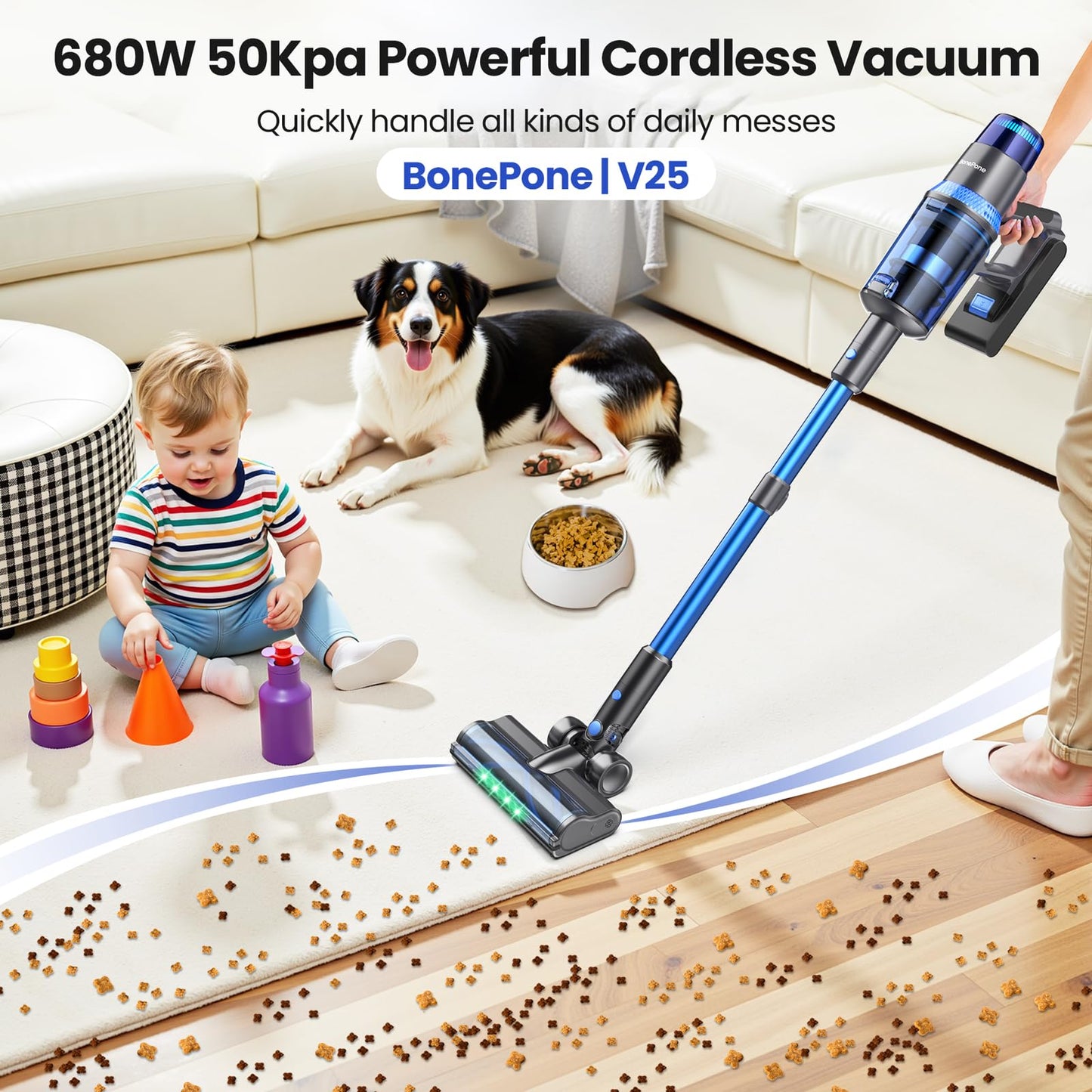 BonePone V25 Cordless Vacuum Cleaner, 680W 60Kpa Powerful Stick Vacuum with Dust Sensor, Digital Display, 4000mAh Rechargeable Battery up to 60Mins, Versatile for Pet Hair, Floor, Carpet (Navy)